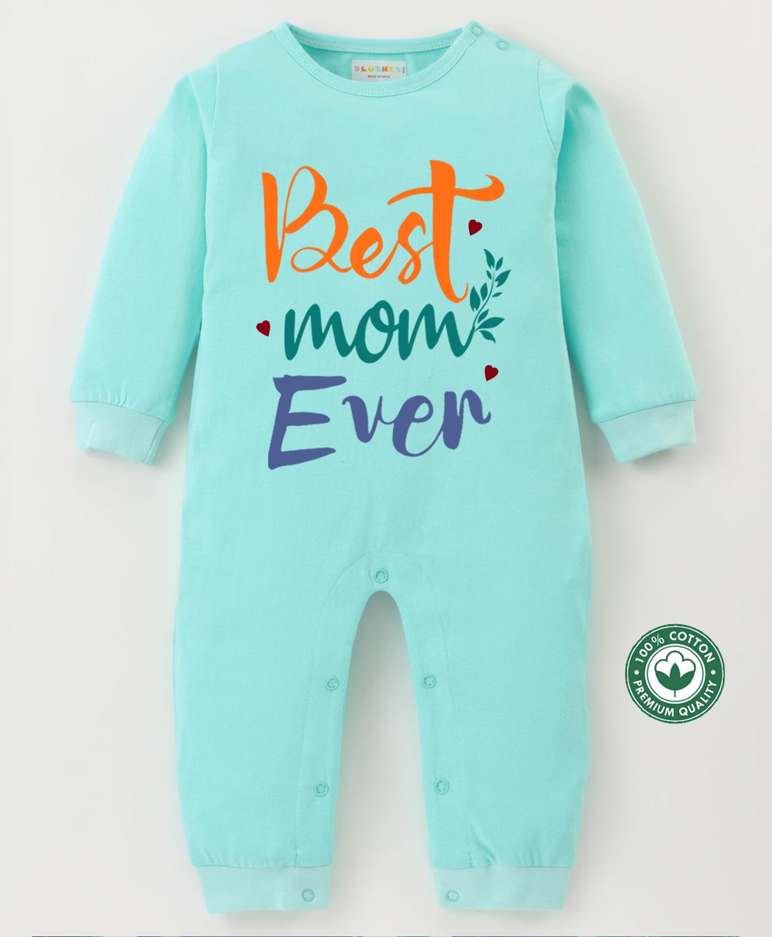 BLUSHES 100% Cotton Mothers Day Theme Full Sleeves Best Mom Ever Text Printed Romper - Sea Green-picture-19