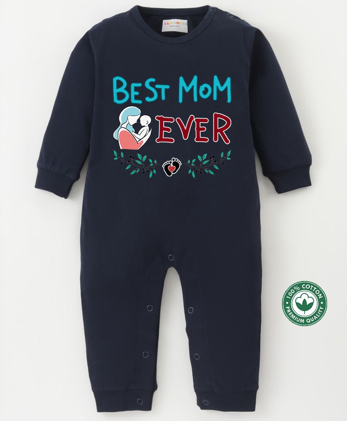 BLUSHES 100% Cotton Mothers Day Theme Full Sleeves Best Mom Ever Text Printed Romper - Navy Blue-image-43
