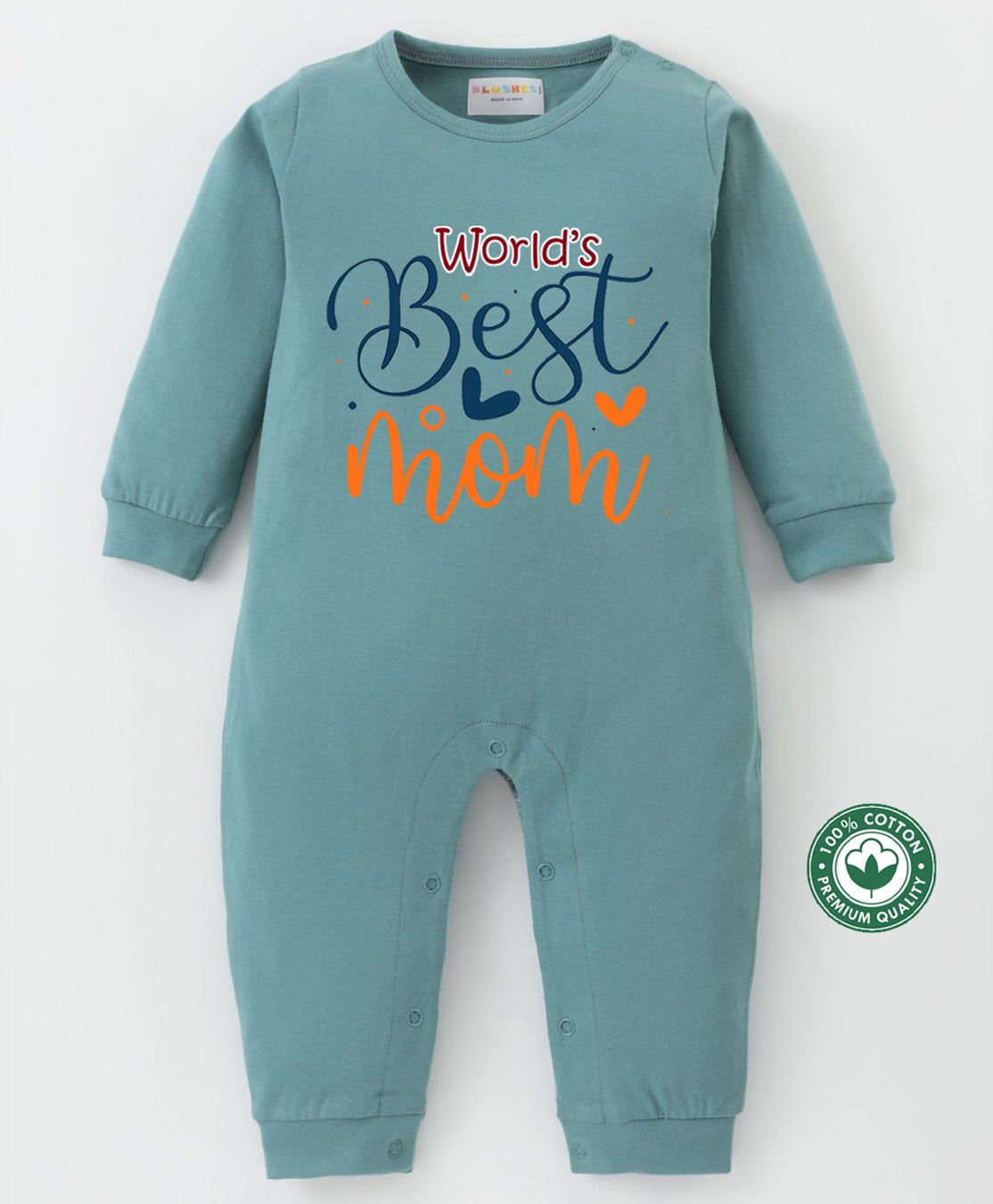 BLUSHES 100% Cotton Mothers Day Theme Full Sleeves World Best Mom Text Printed Romper - Olive Green-image-43