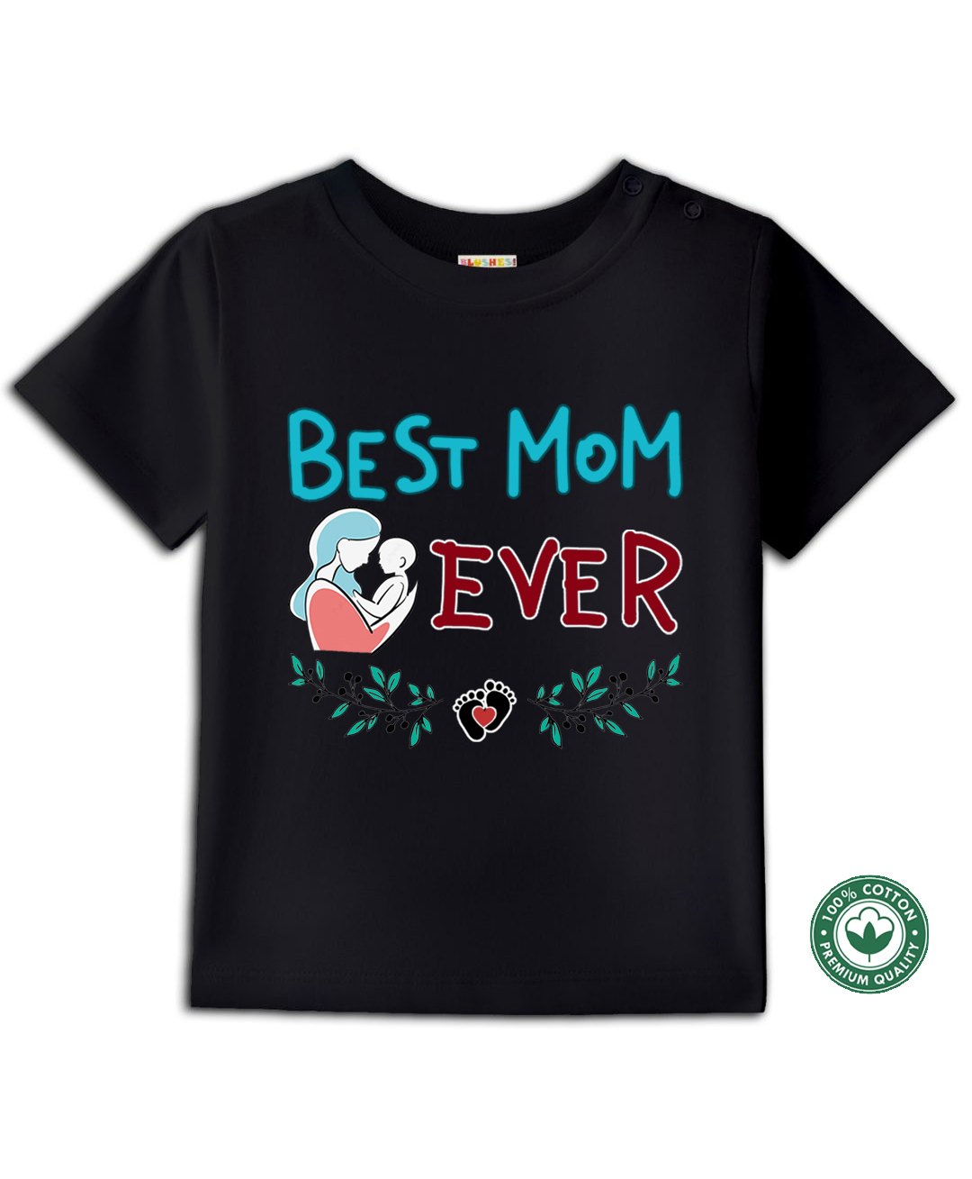BLUSHES 100% Cotton Mothers Day Theme Half Sleeves Best Mom Ever Text Printed Tee - Black-picture-2