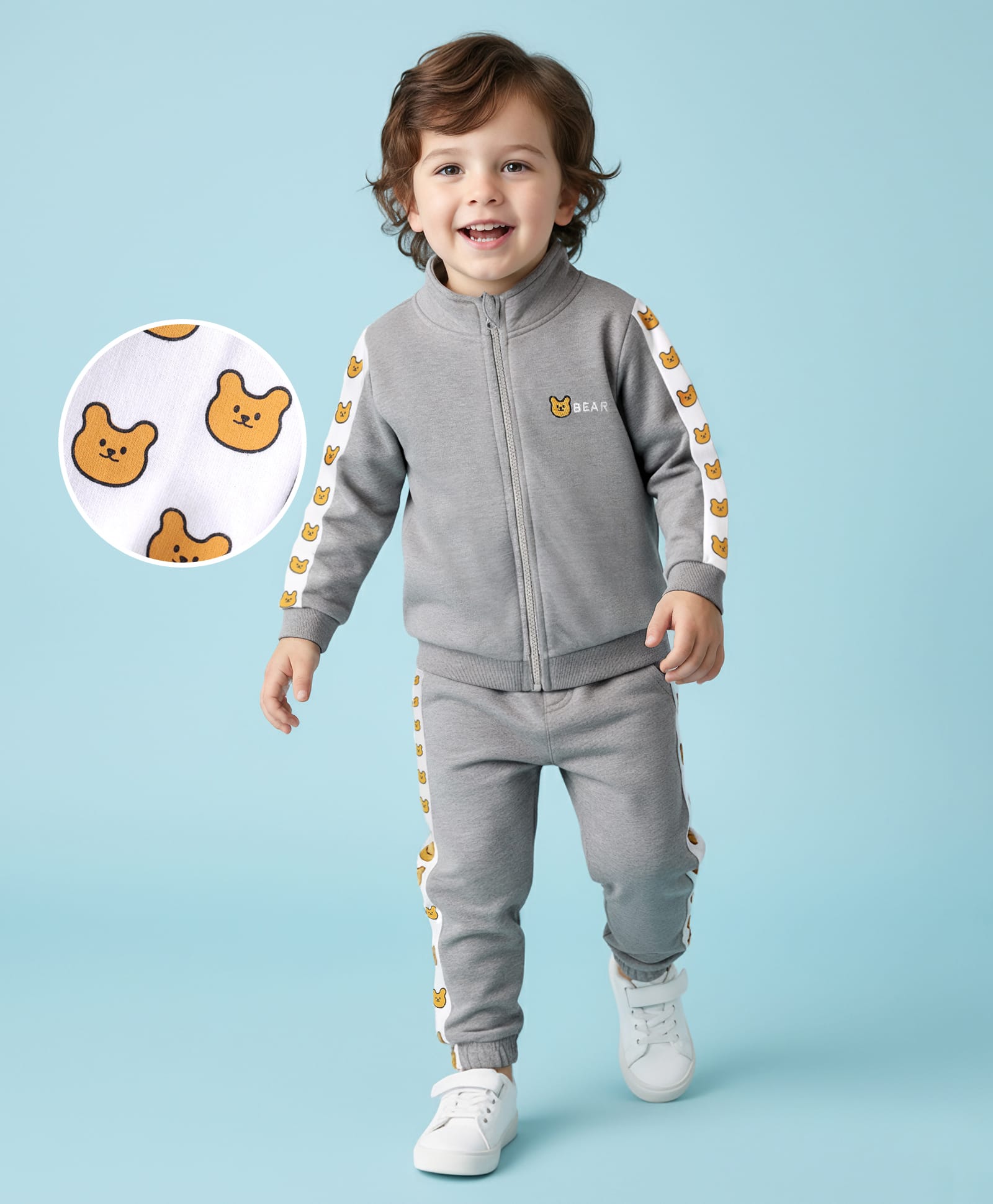 Mark & Mia Terry Knit Full Sleeves Front Zipper Cut & Sew Winter Wear T-Shirt & Pant Set With Bear Embroidery - Grey-picture-19