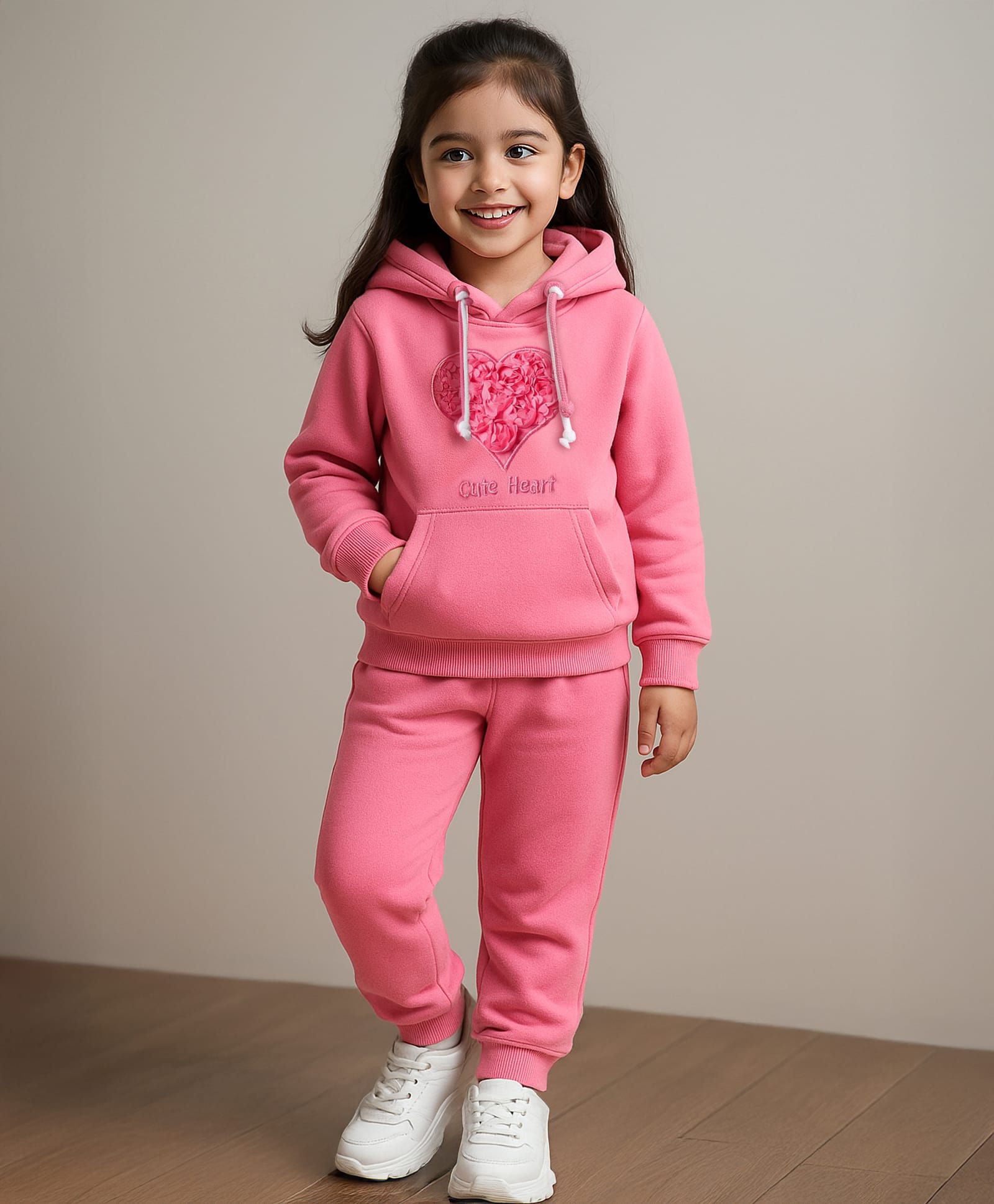 Mark & Mia Terry Knit Full Sleeves Winter Wear Hooded Sweatshirt & Lounge Pant Set With Kangaroo Pocket & Floral Applique - Pink-picture-17