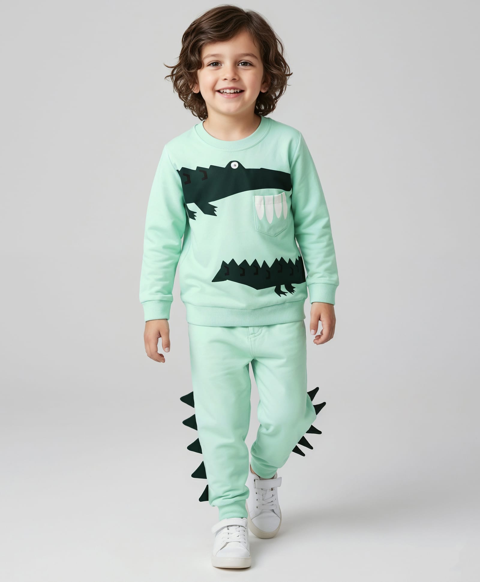 Mark & Mia Cotton Knit Full Sleeves Winter Wear T-Shirt & Lounge Pant Set With Crocodile Print & Applique - Sea Green-picture-30