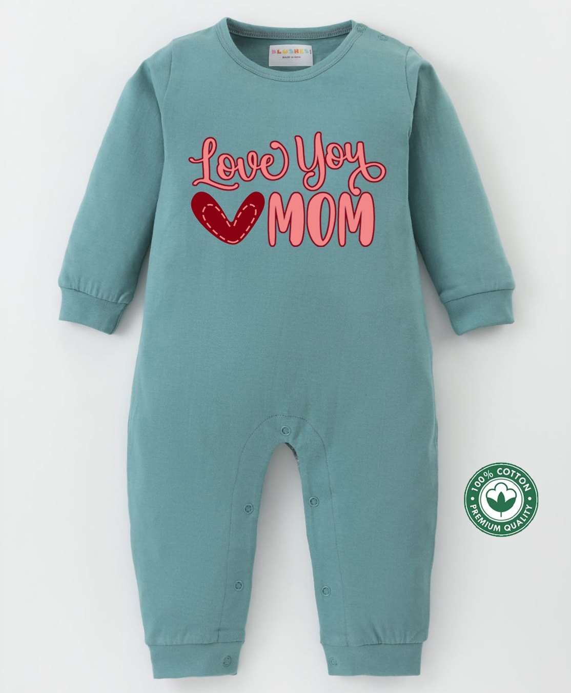 BLUSHES 100% Cotton Mothers Day Theme Full Sleeve Love You Mom Text Printed Romper - Olive Green-picture-15