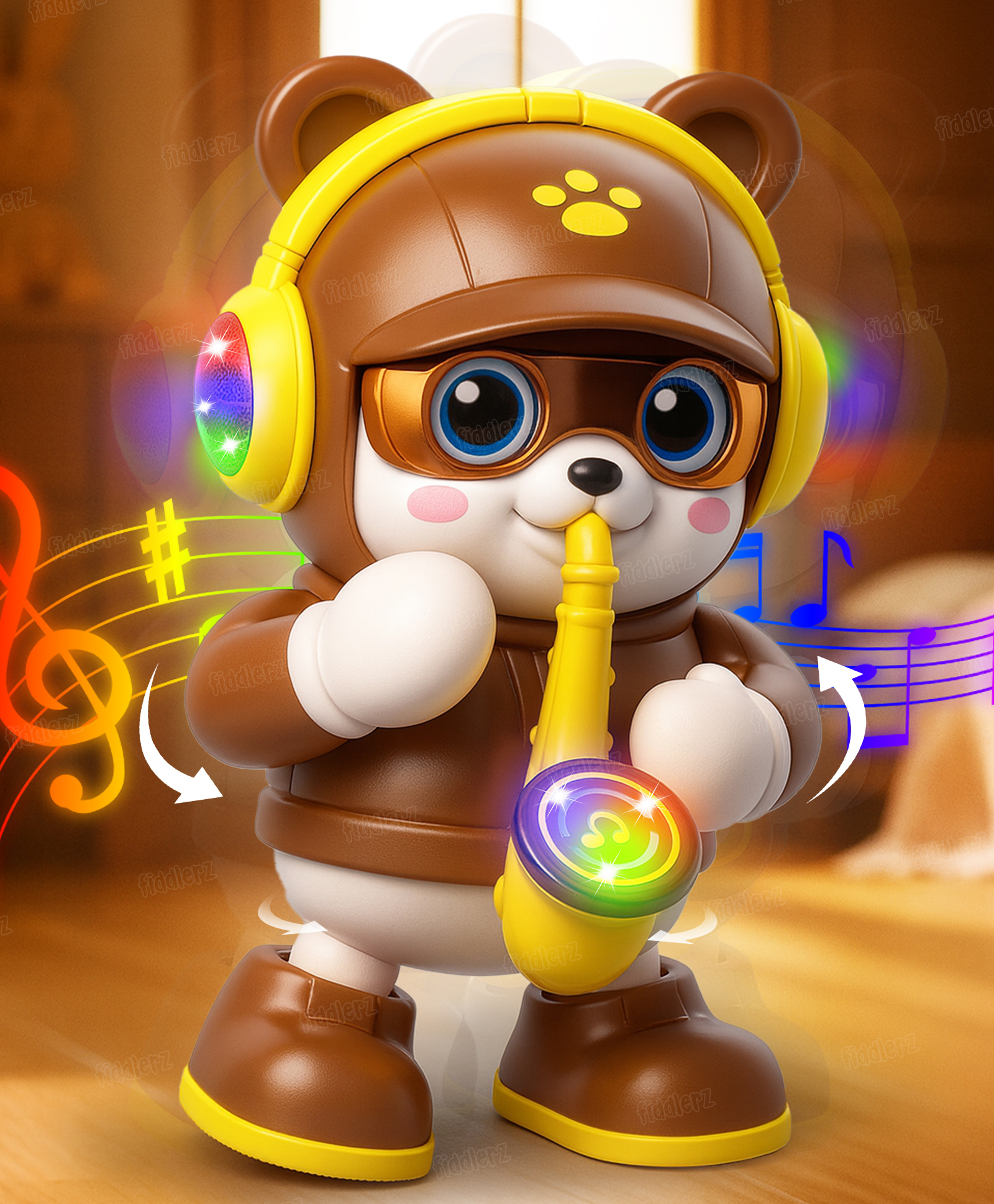 Fiddlerz Musical Bear Toy with Music and Lights Swinging Motion Cute Headphones Fun Learning Saxophone Bear for Boys and Girls 3+-image-21