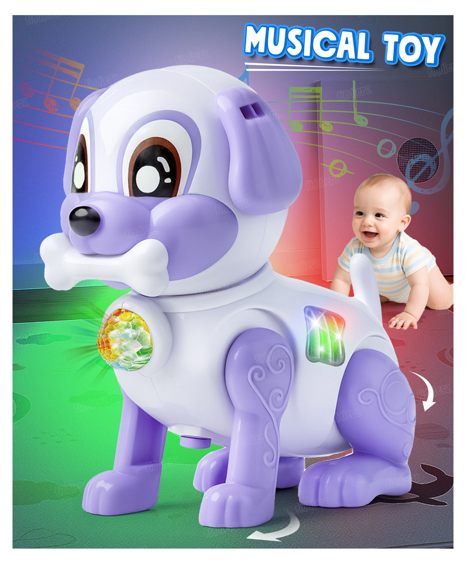 Fiddlerz Musical Dog Electric Toy with Lights & Sound Walking Action Bouncing Movement and Colorful Flashing Light Effects for Toddlers Age 12 Months Plus - Multicolor-image-37
