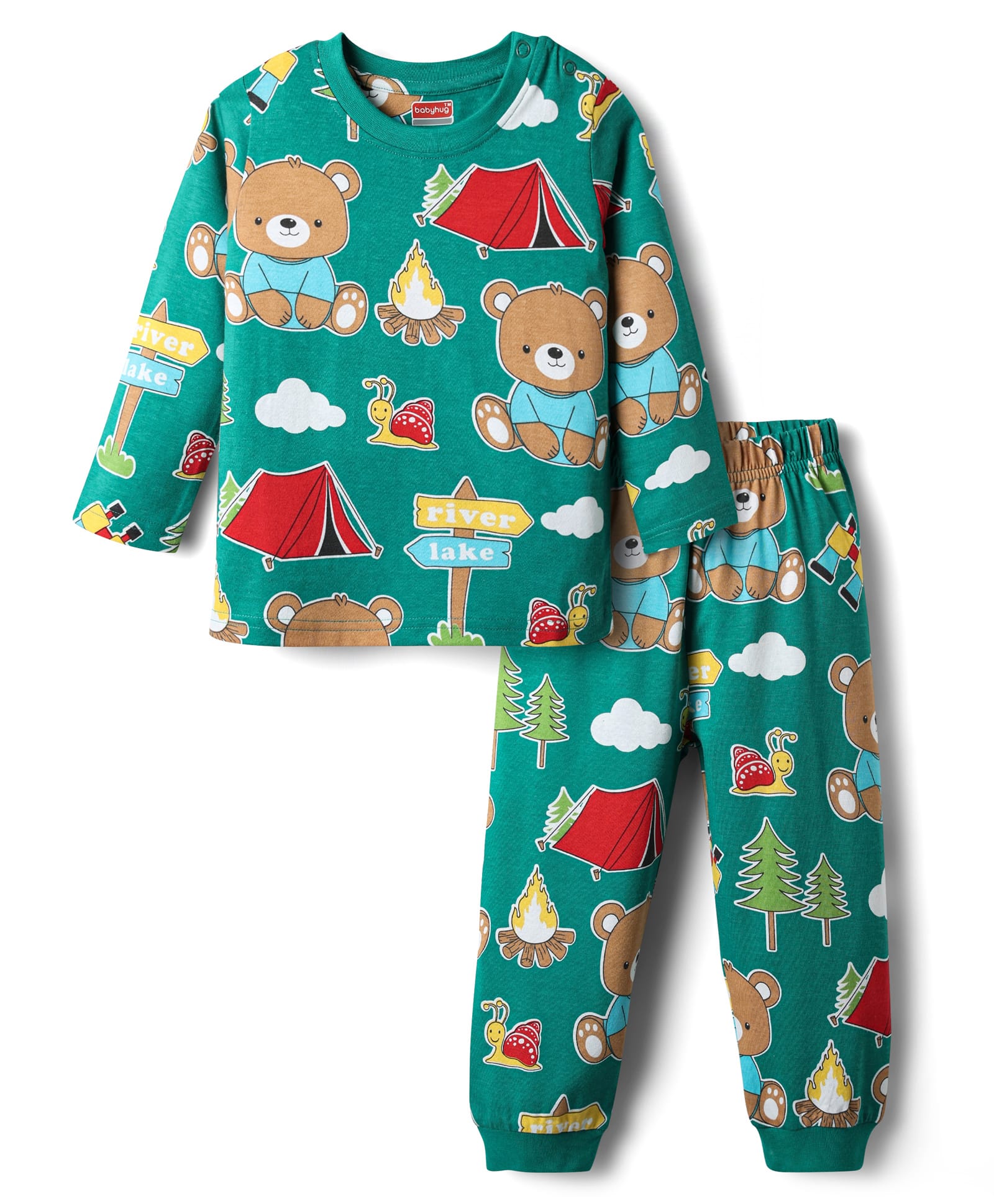 Babyhug Cotton Knit Full Sleeves Co-ords Night Suit With Bear Print - Green-image-32