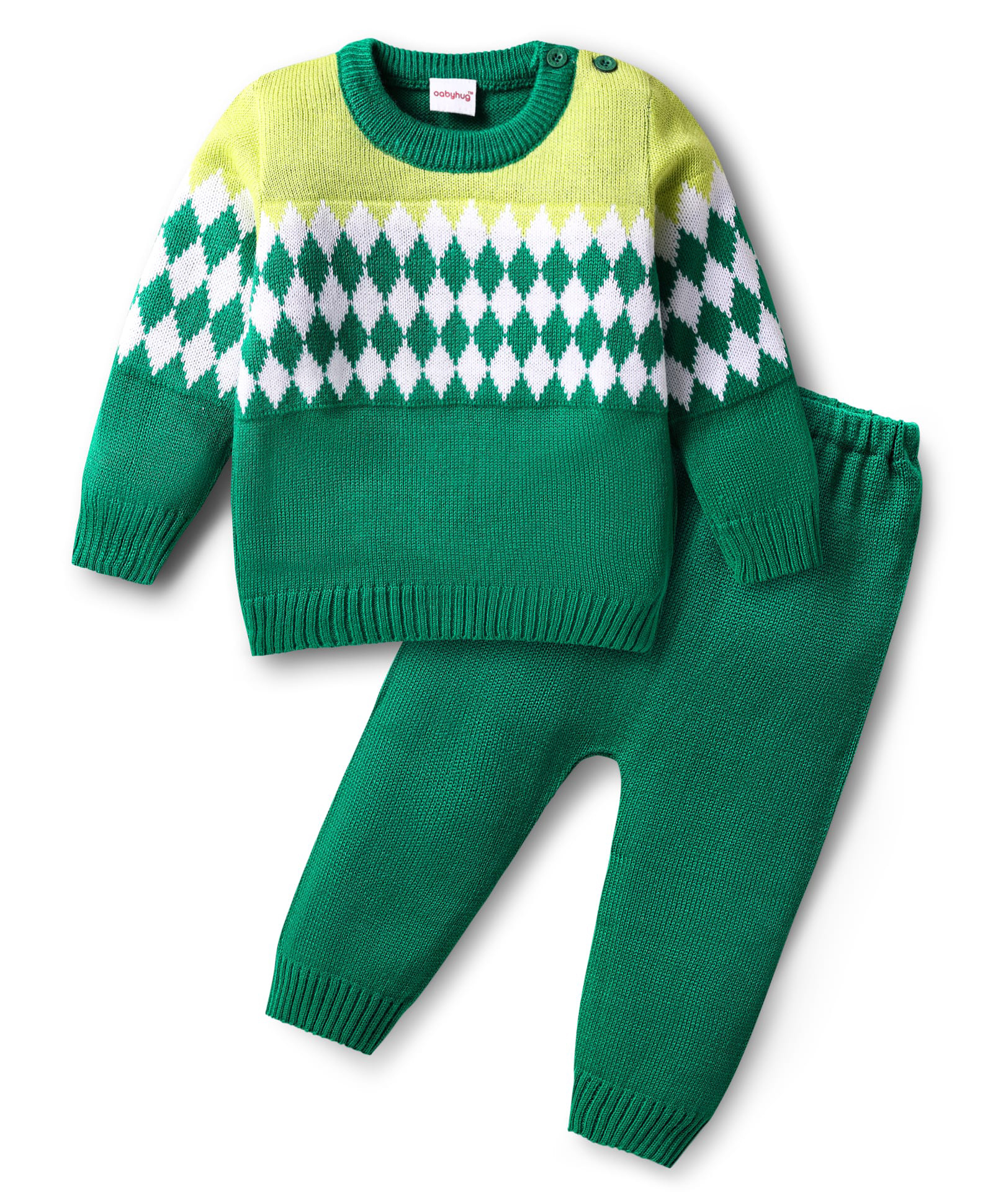 Babyhug Acrylic Knitted Full Sleeves Sweater Set With Chevron Design - Green-image-34