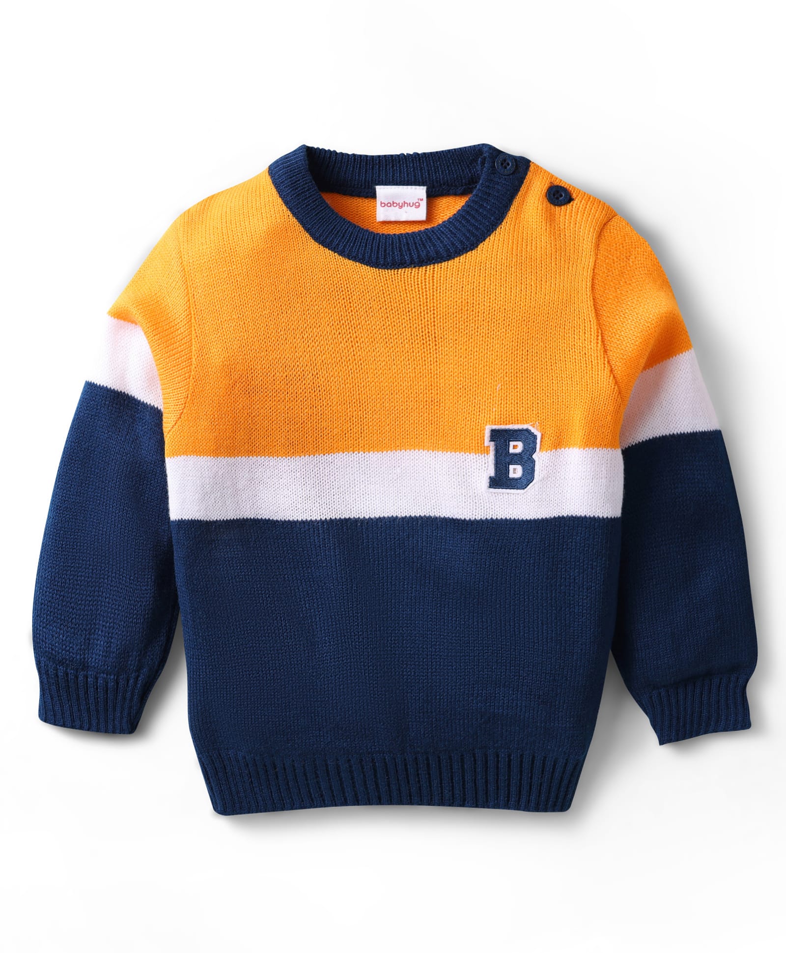 Babyhug Knitted Full Sleeves Color Block Pullover with Patch Detailing -Yellow & Navy Blue-image-32