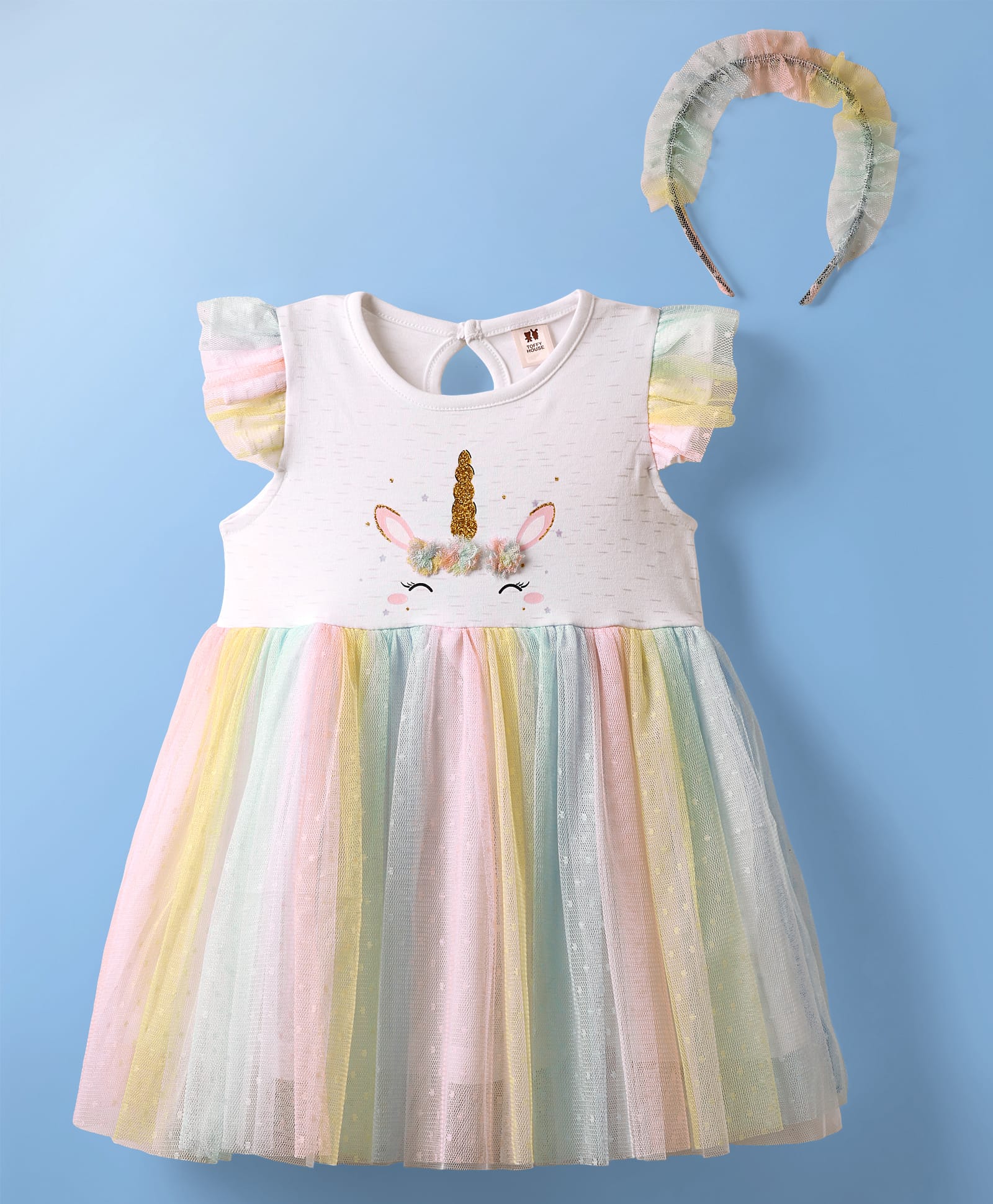 ToffyHouse Woven Sleeveless Party Dress with Ombre & Unicorn Print - White & Light Blue-picture-33