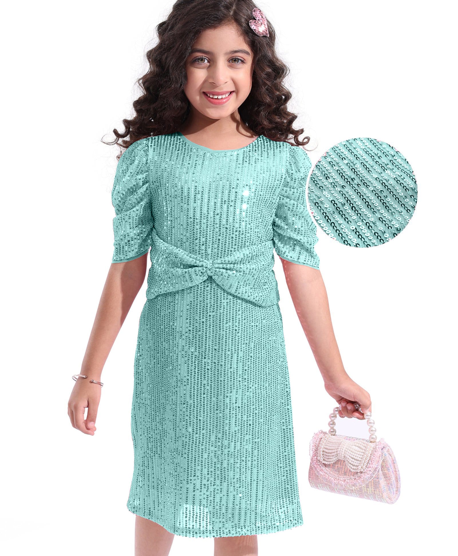 Hola Bonita Knit Half Sleeves Mesh Party Dress With Sequin Detailing - Mint Green-image-36