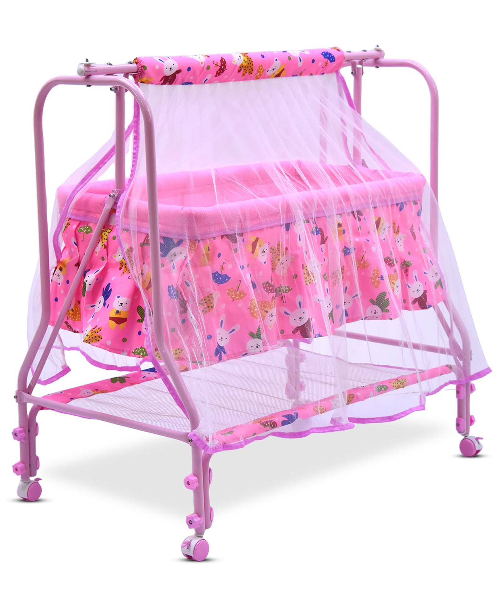 BUBBLEBABY Premium Cradle With Mosquito Net All 360° Rotating Wheels With Wheel Lock Storage Basket - Pink-image-41