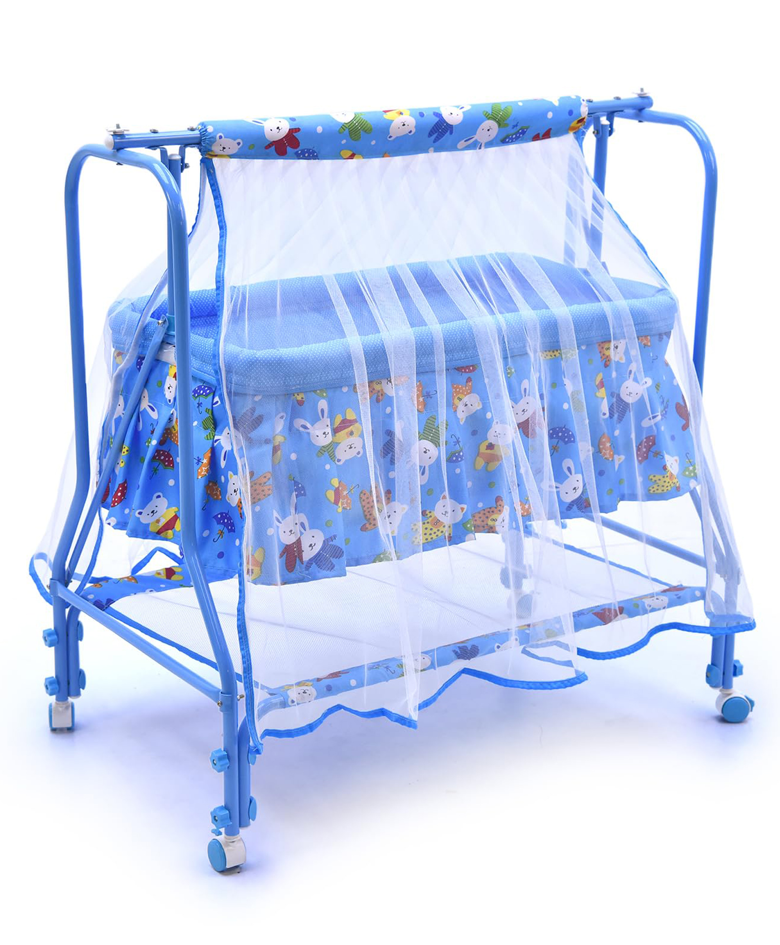 BUBBLEBABY Premium Cradle With Mosquito Net All 360° Rotating Wheels With Wheel Lock Storage Basket - Blue-picture-23