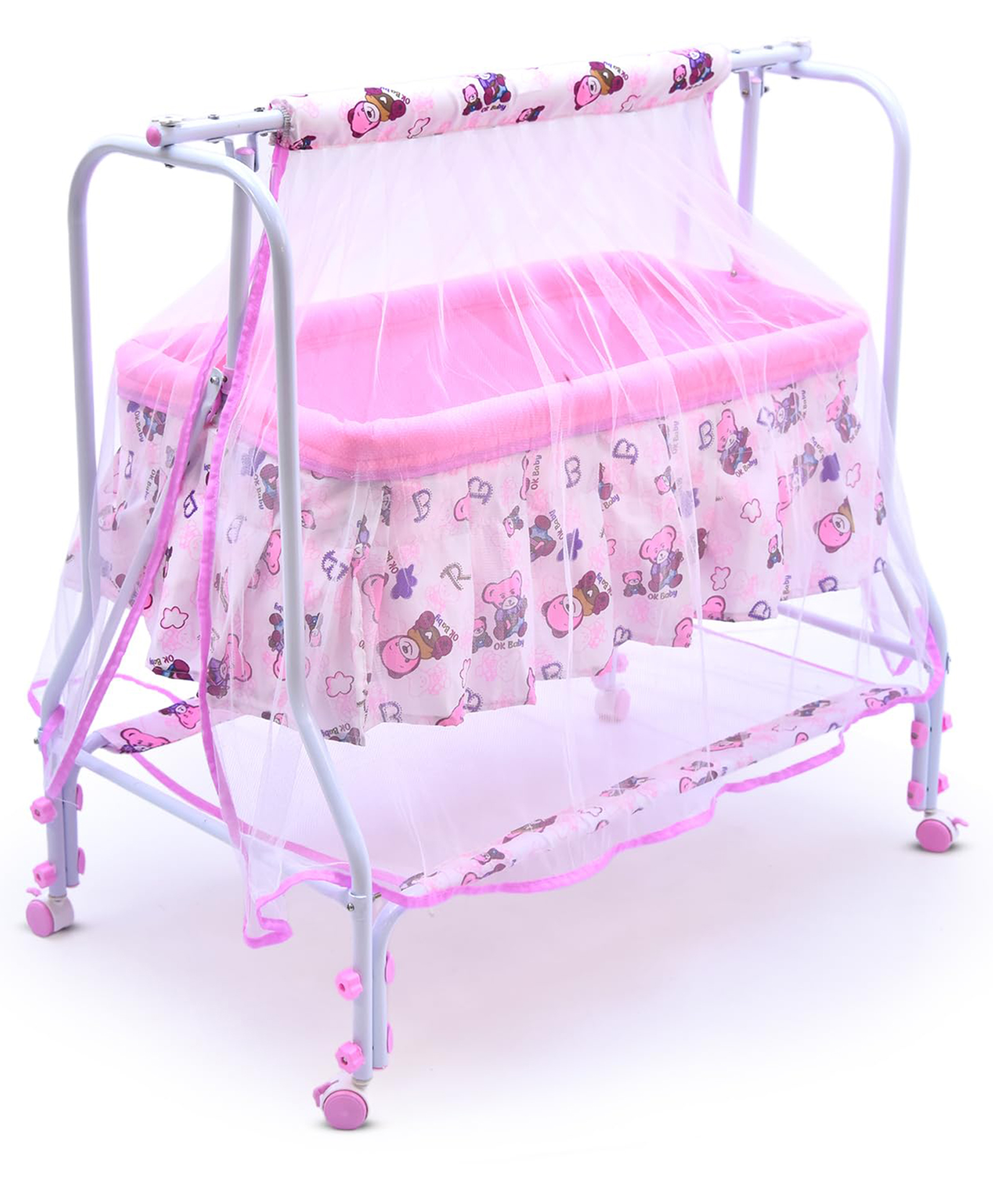 BUBBLEBABY Premium Cradle With Mosquito Net All 360° Rotating Wheels With Wheel Lock Storage Basket - WhitePink-picture-16