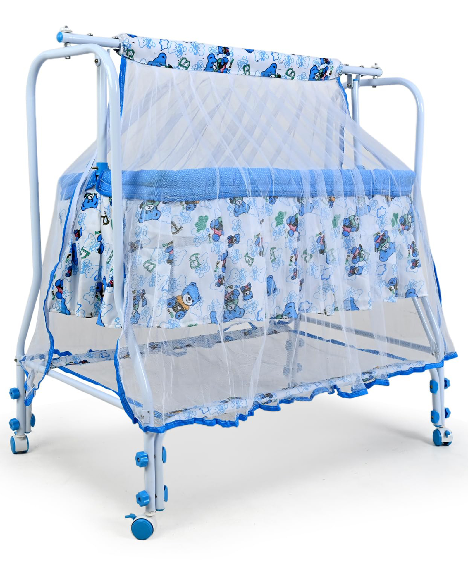 BUBBLEBABY Premium Cradle With Mosquito Net All 360 Rotating Wheels With Wheel Lock Storage Basket - WhiteBlue-image-2