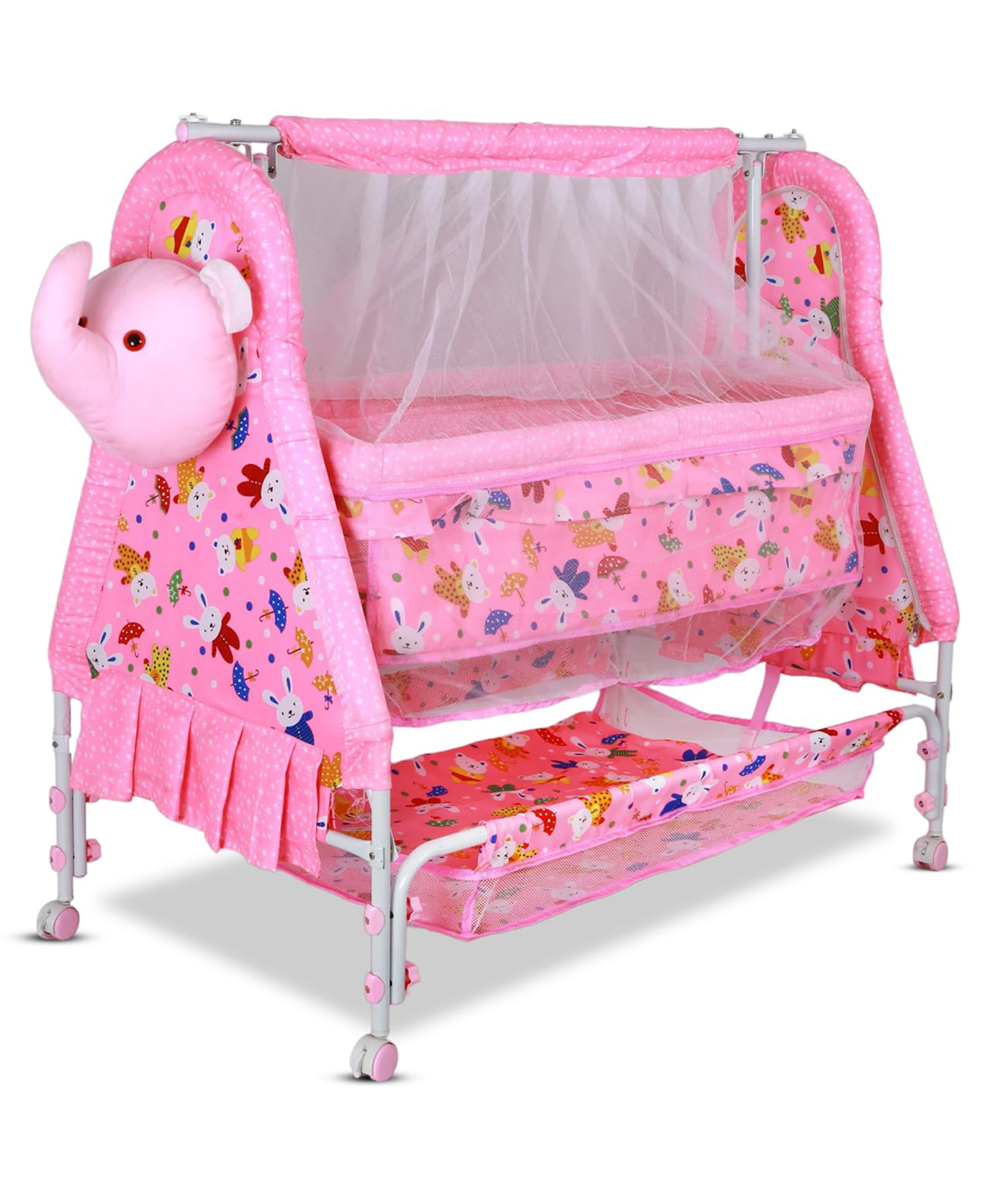 BUBBLEBABY Premium Baby Elephant Cradle With Mosquito Net All 360 Rotating Wheels With Wheel Lock Storage Basket - Pink-image-2