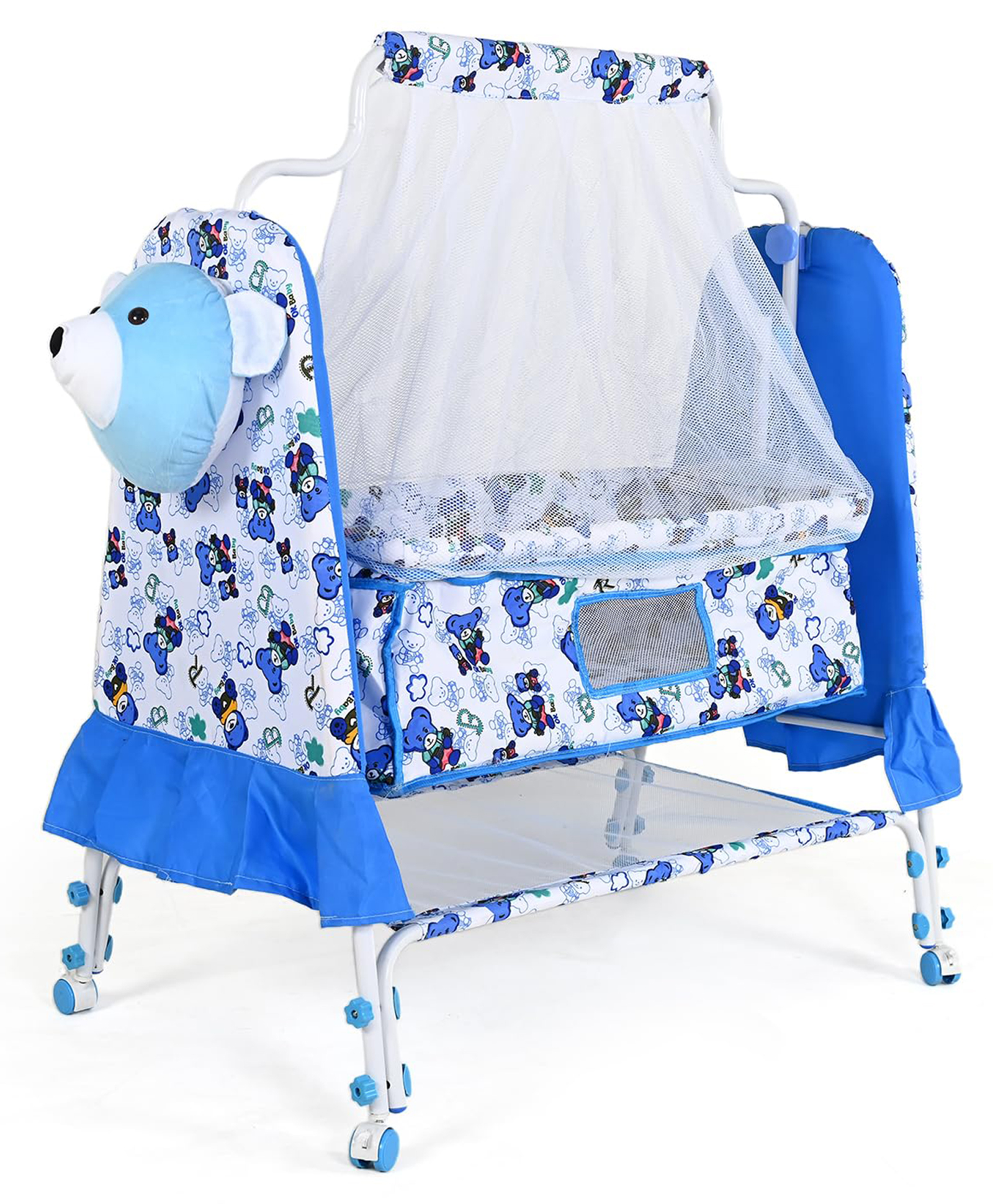 BUBBLEBABY Premium Baby Teddy Cradle With Mosquito Net All 360° Rotating Wheels With Wheel Lock Storage Basket - Blue-image-10