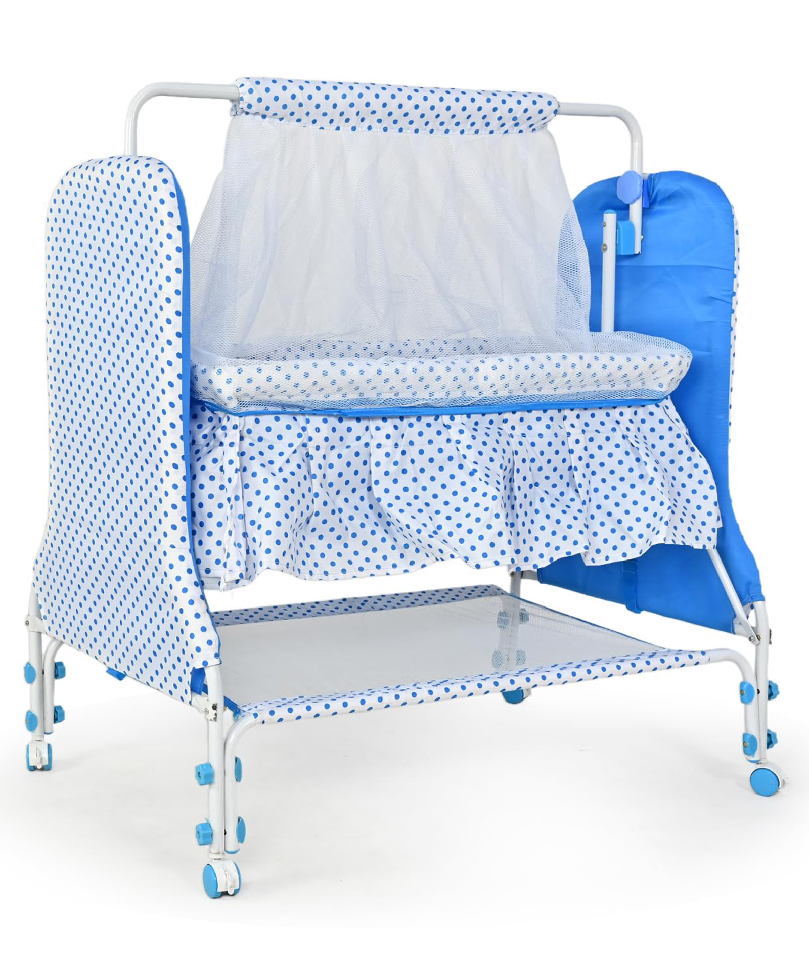 BUBBLEBABY Premium Baby Dot Cradle With Mosquito Net All 360° Rotating Wheels With Wheel Lock Storage Basket - Blue-picture-10