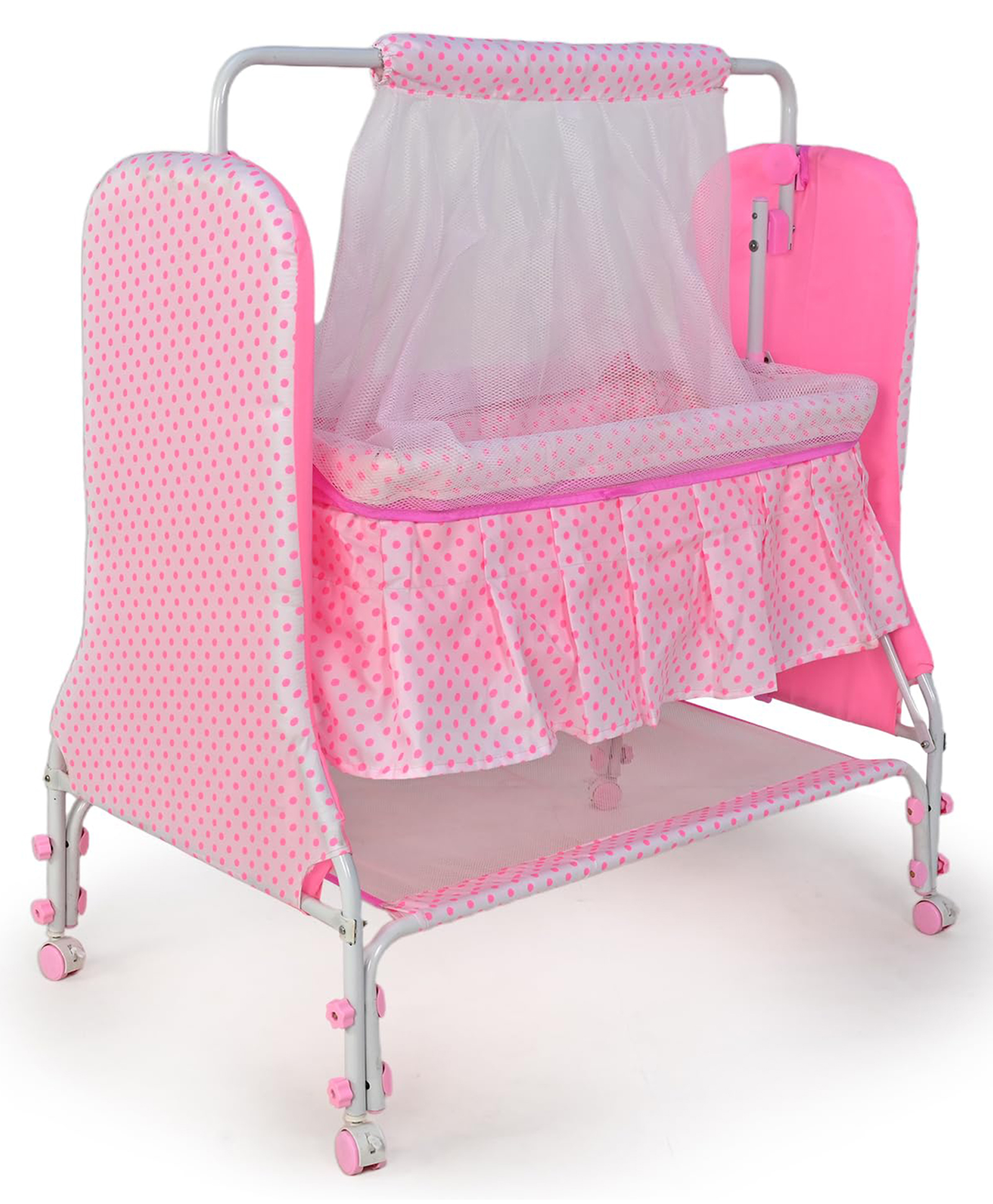 BUBBLEBABY Premium Baby Dot Cradle With Mosquito Net All 360 Rotating Wheels With Wheel Lock Storage Basket - Pink-image-49