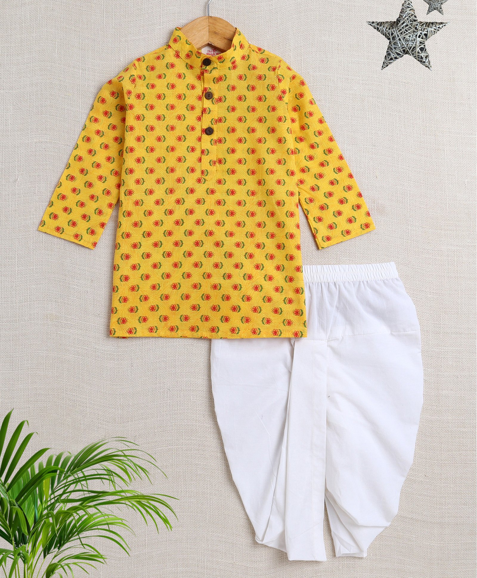 The Magic Wand Cotton Full Sleeves Floral Motifs Printed Kurta Dhoti Set - Yellow-picture-22
