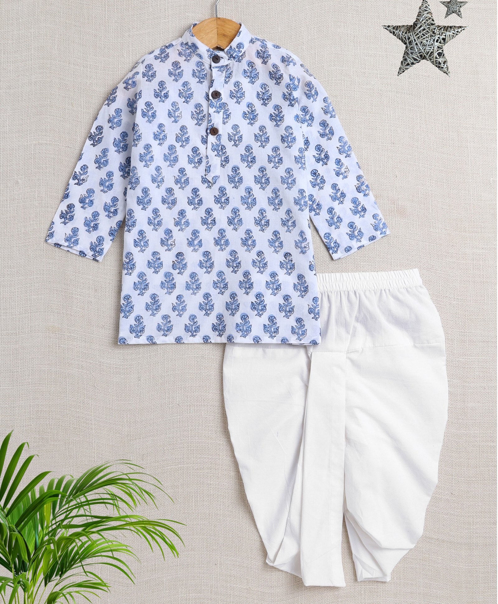 The Magic Wand Cotton Full Sleeves Floral Motifs Printed Kurta Dhoti Set - White-picture-2