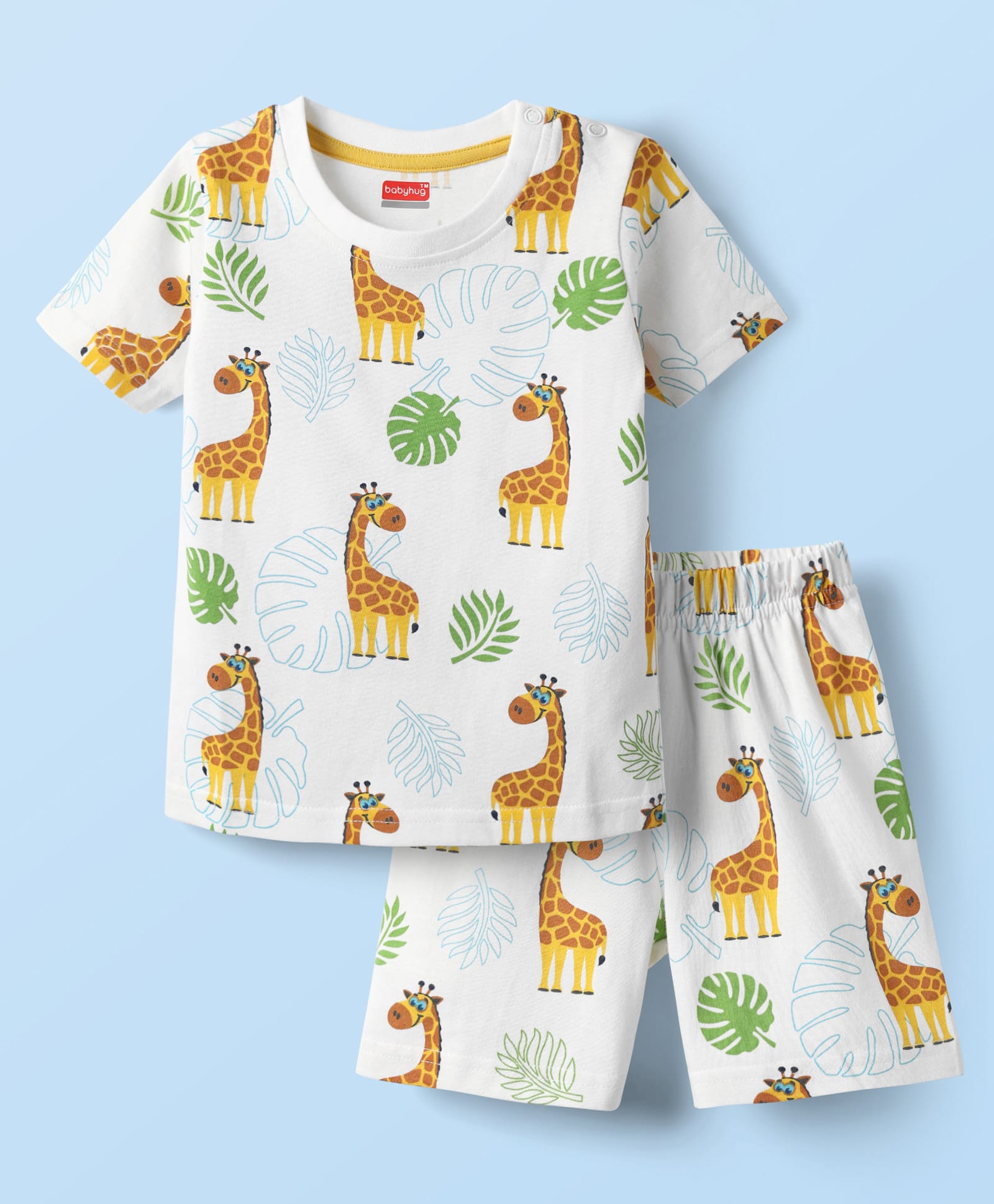 Babyhug Cotton Knit Half Sleeves Co-ords Shorts Night Suit With Giraffe Print - White