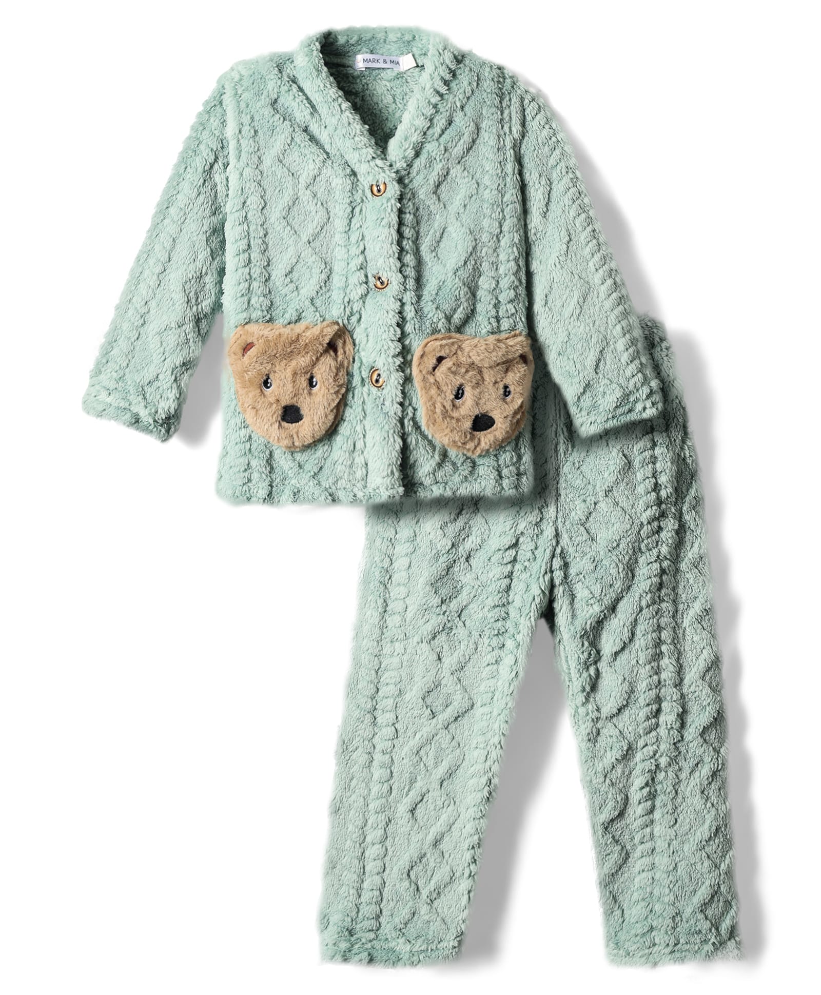 Mark & Mia Full Sleeves Front Open Winter Wear Co-Ord Night Suit with Knit Design & Bear Applique - Sea Green-image-29