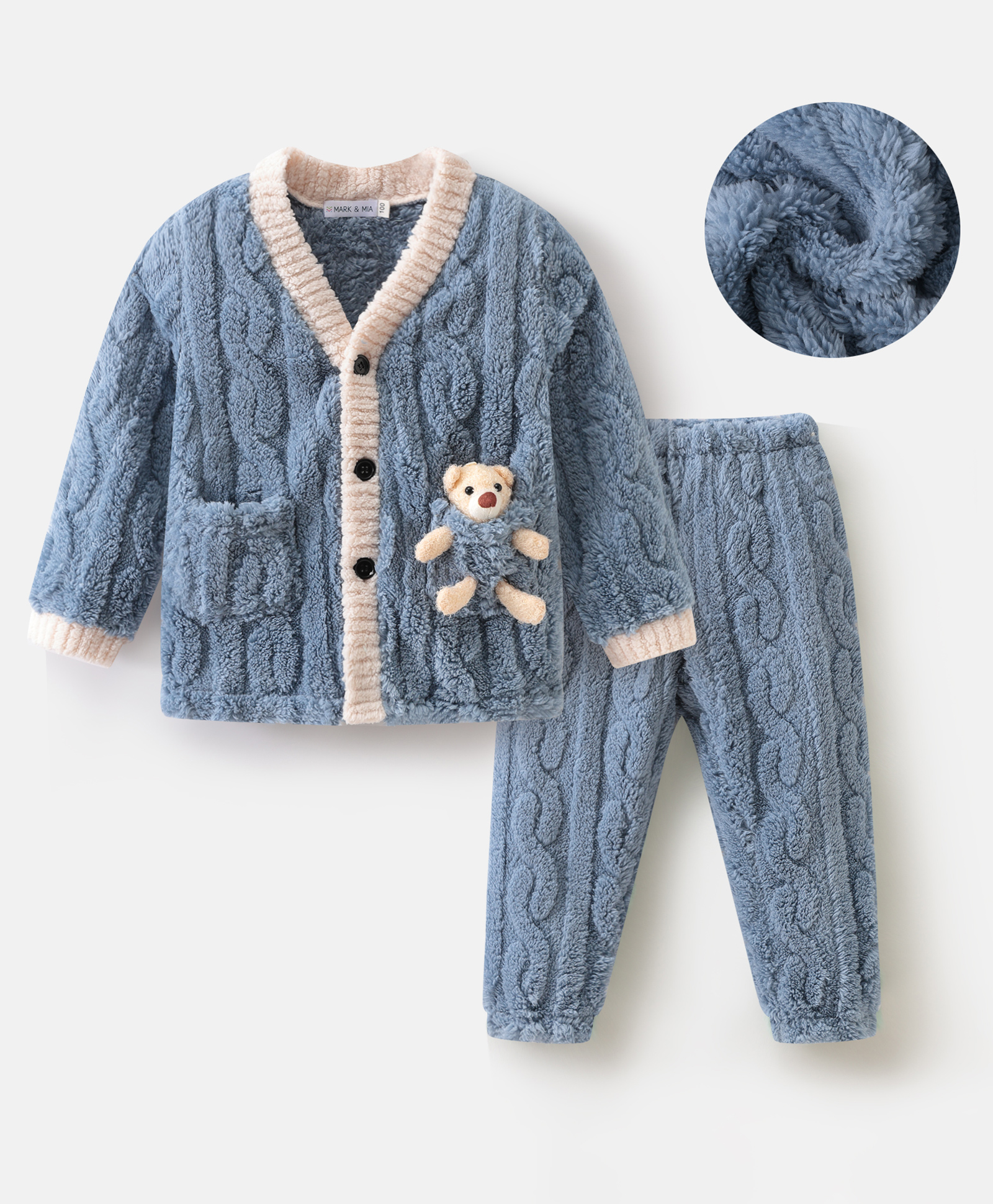 Mark & Mia Full Sleeves Front Open Winter Wear Night Suit with Teddy Bear Applique & Cable Knit Design - Light Blue-image-36