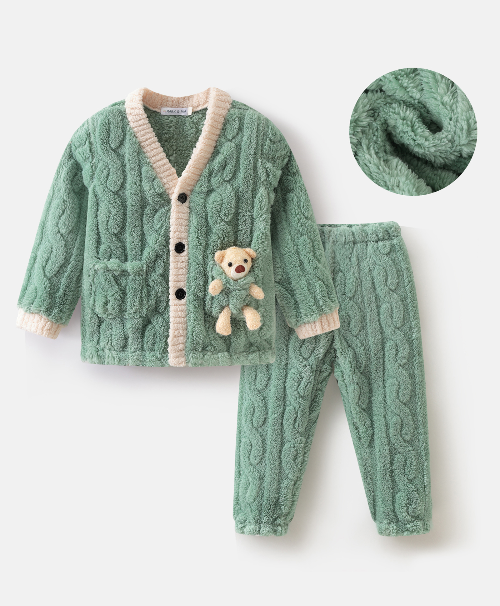 Mark & Mia Full Sleeves Front Open Winter Wear Night Suit with Teddy Bear Applique & Cable Knit Design - Green-image-35
