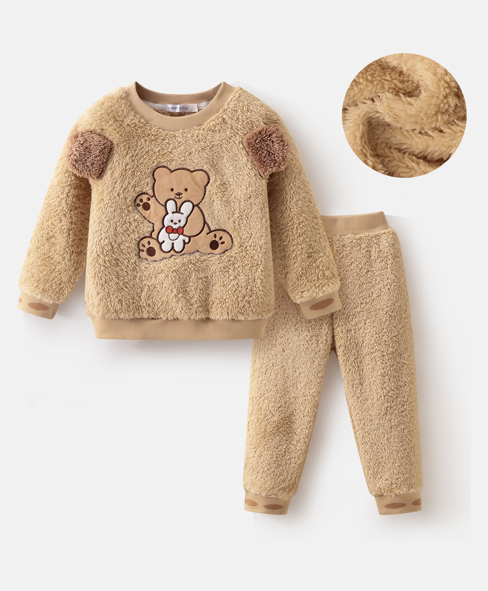 Mark & Mia Full Sleeves Winter Wear Fur Sweatshirt & Lounge Pant Set with Bear Patch Detailing - Beige-picture-14