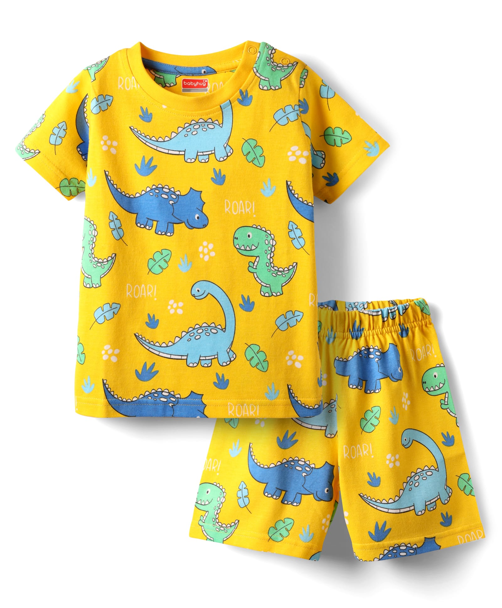 Babyhug Cotton Knit Half Sleeves Shorts Co-Ord Night Suit With Dino Print - Yellow-image-41