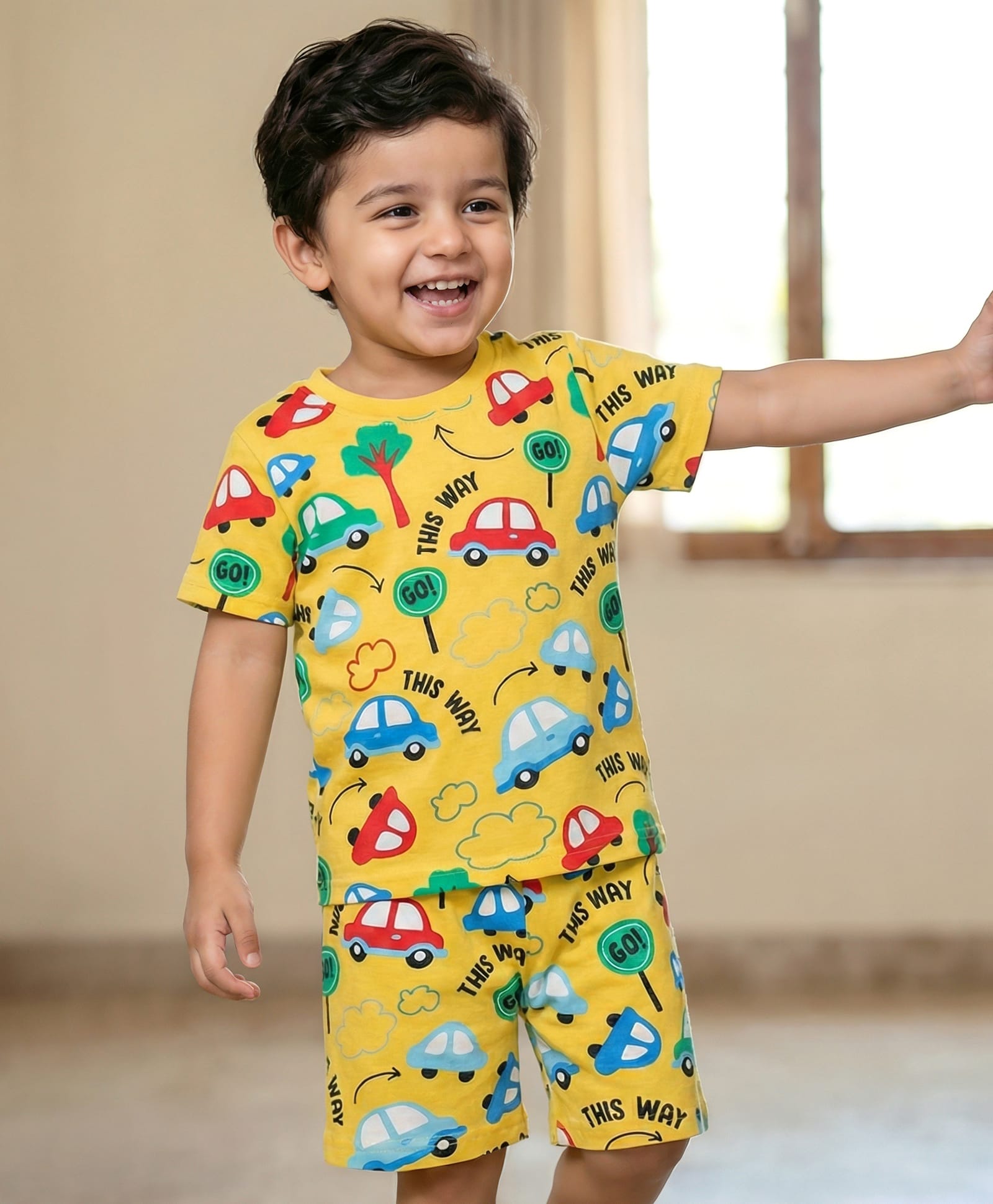 Babyhug Cotton Knit Half Sleeves Co-ords Shorts Night Suit With Vehicle Print - Yellow