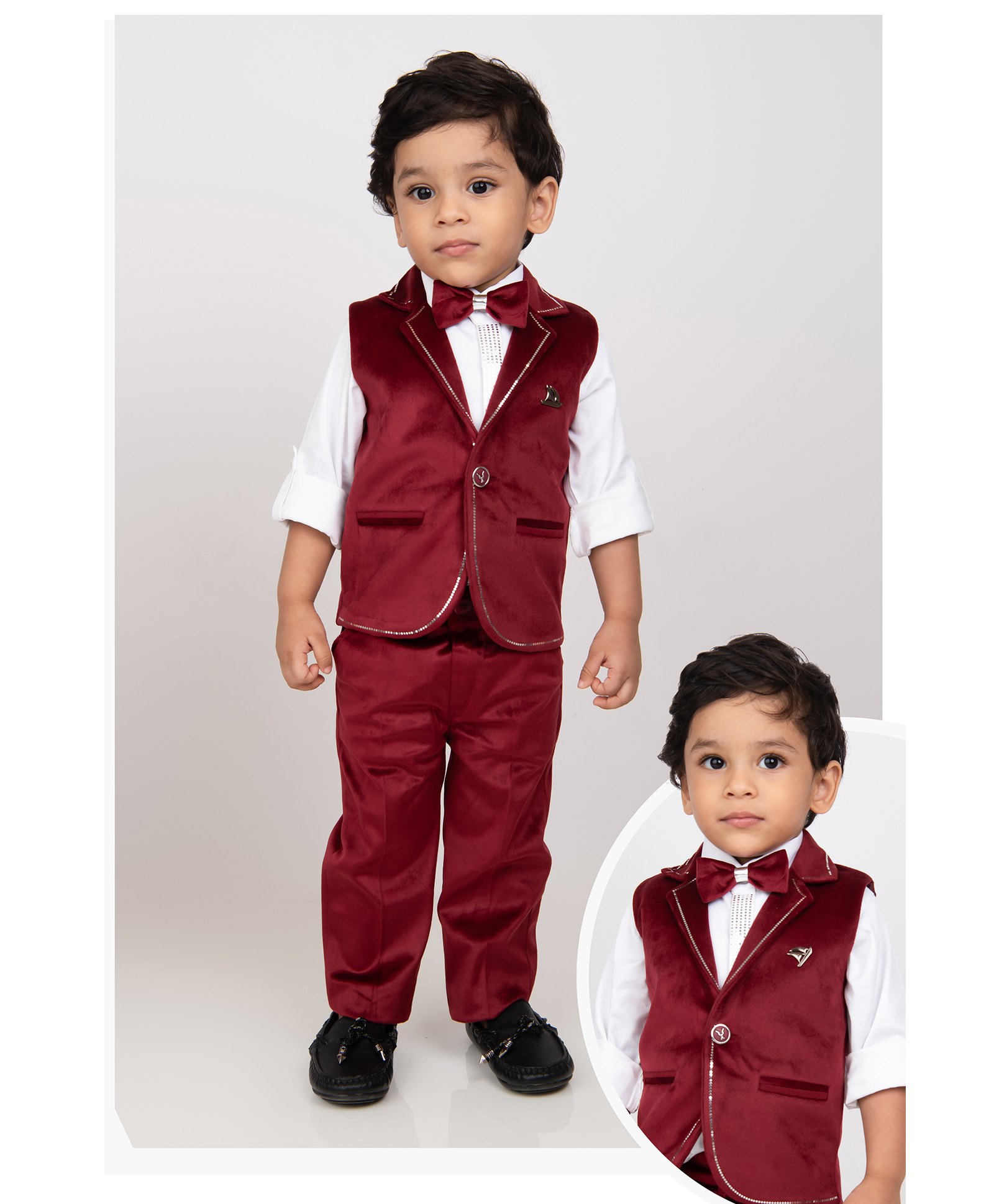 LITTLE COLLARS Velvet Full Sleeves Sequins Embellished 3 Piece Party Suit Set With Bow - Maroon-picture-18