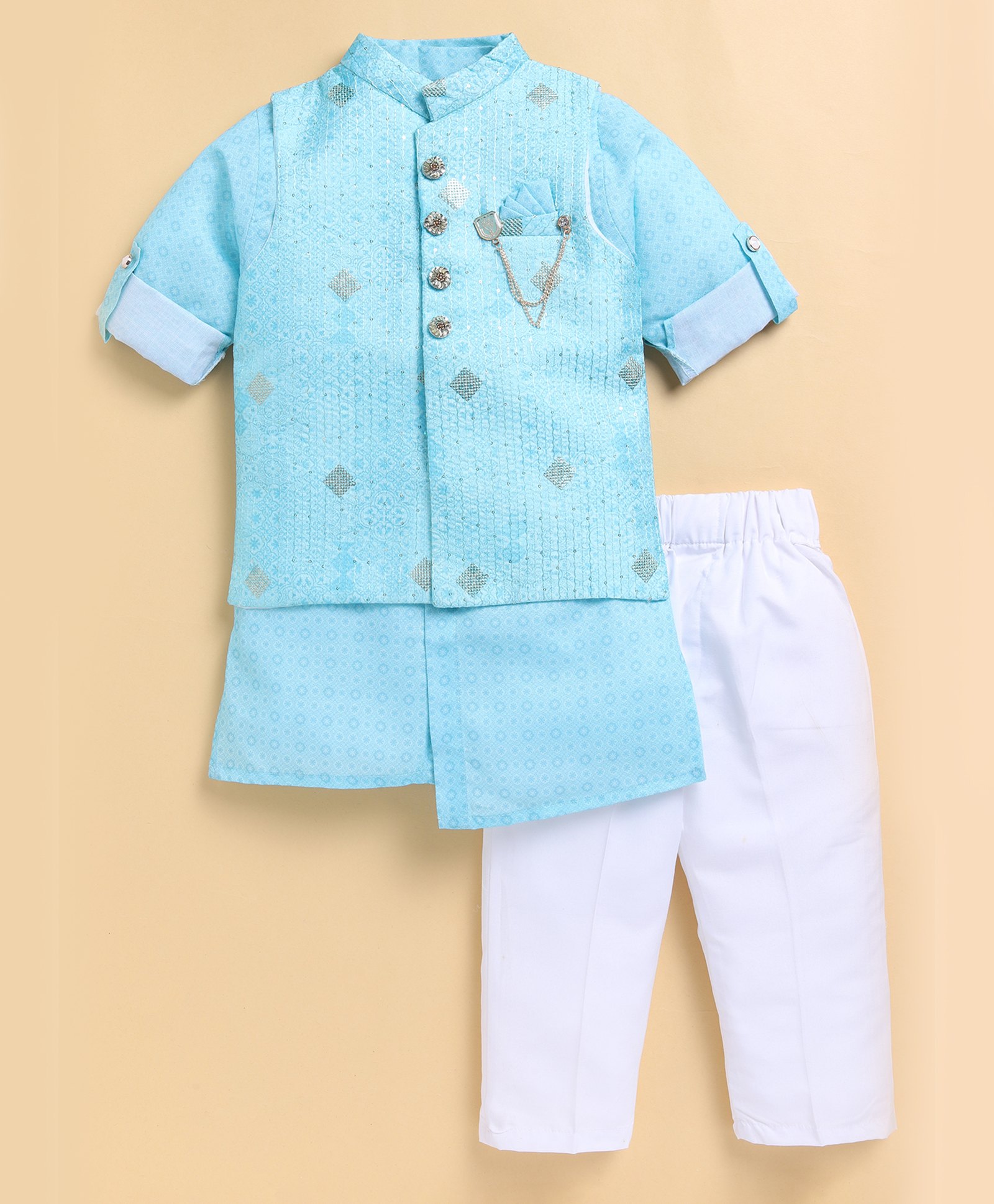 LITTLE COLLARS Cotton Blend Full Sleeves Ethnic Motifs Printed Kurta Pyjama With Threadwork Embroidered & Sequins Embellished Nehru Jacket Set - Sea Green-image-11