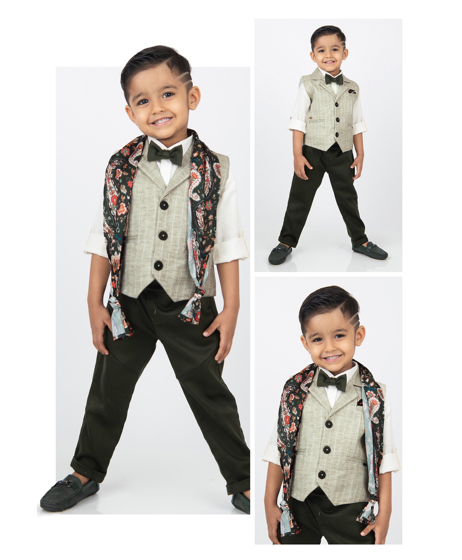 LITTLE COLLARS Linen Full Sleeves Checekd & Floral Printed 3 Piece Party Suit Set With Stole & Bow - Green-picture-33