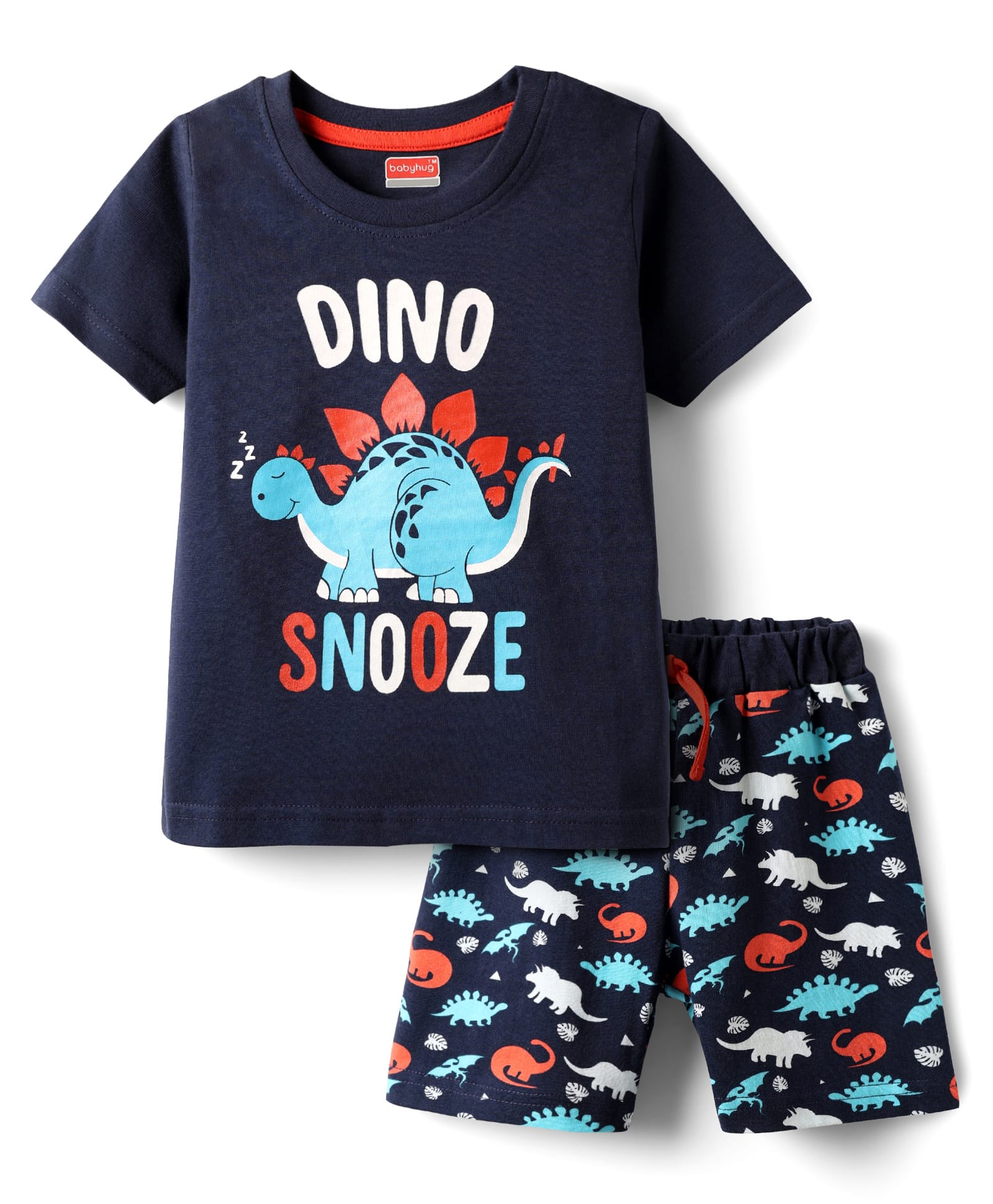 Babyhug Cotton Knit Half Sleeves Shorts Night Suit With Dino Print - Navy Blue