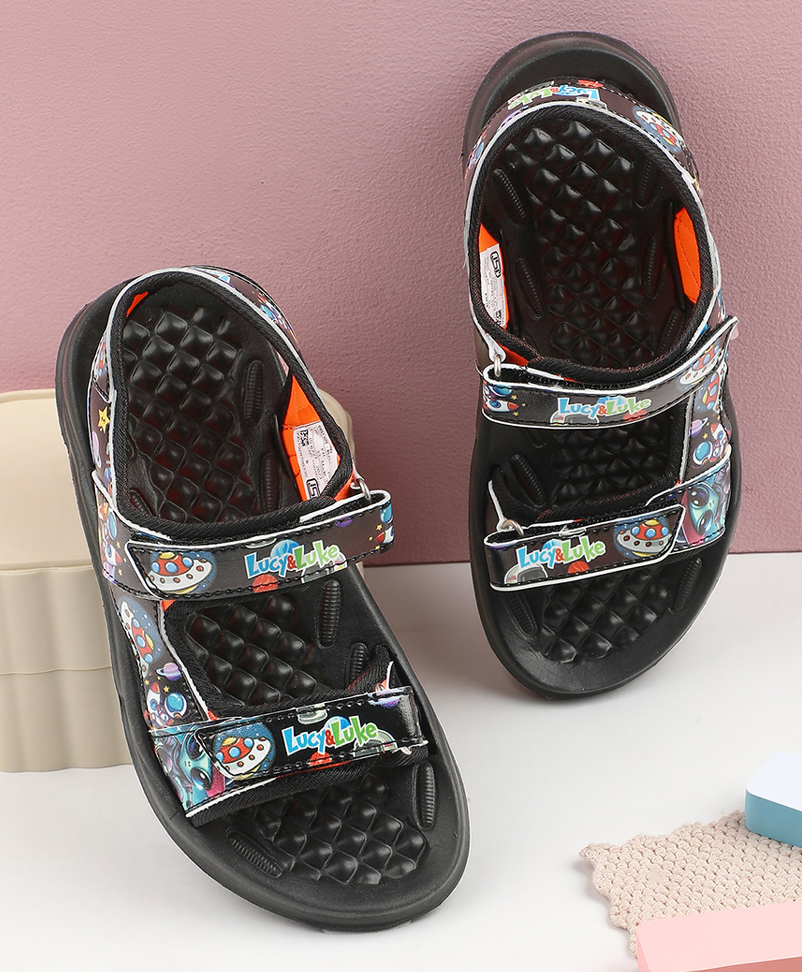 LIBERTY Space Theme Designed Velcro Closure Sandals - Black-image-18