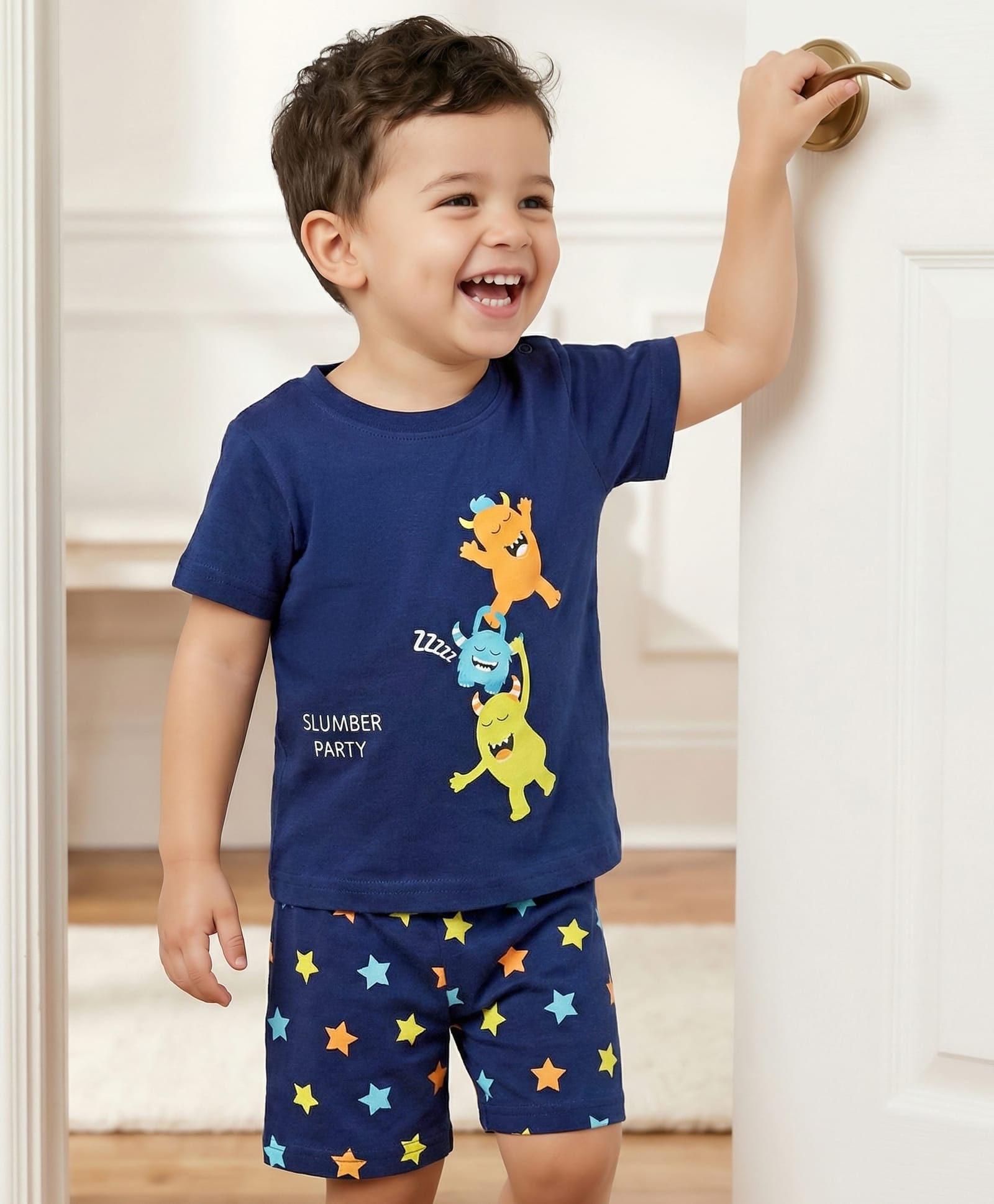 Babyhug Cotton Knit Half Sleeves Shorts Night Suit With Monsters Print - Navy Blue-image-22