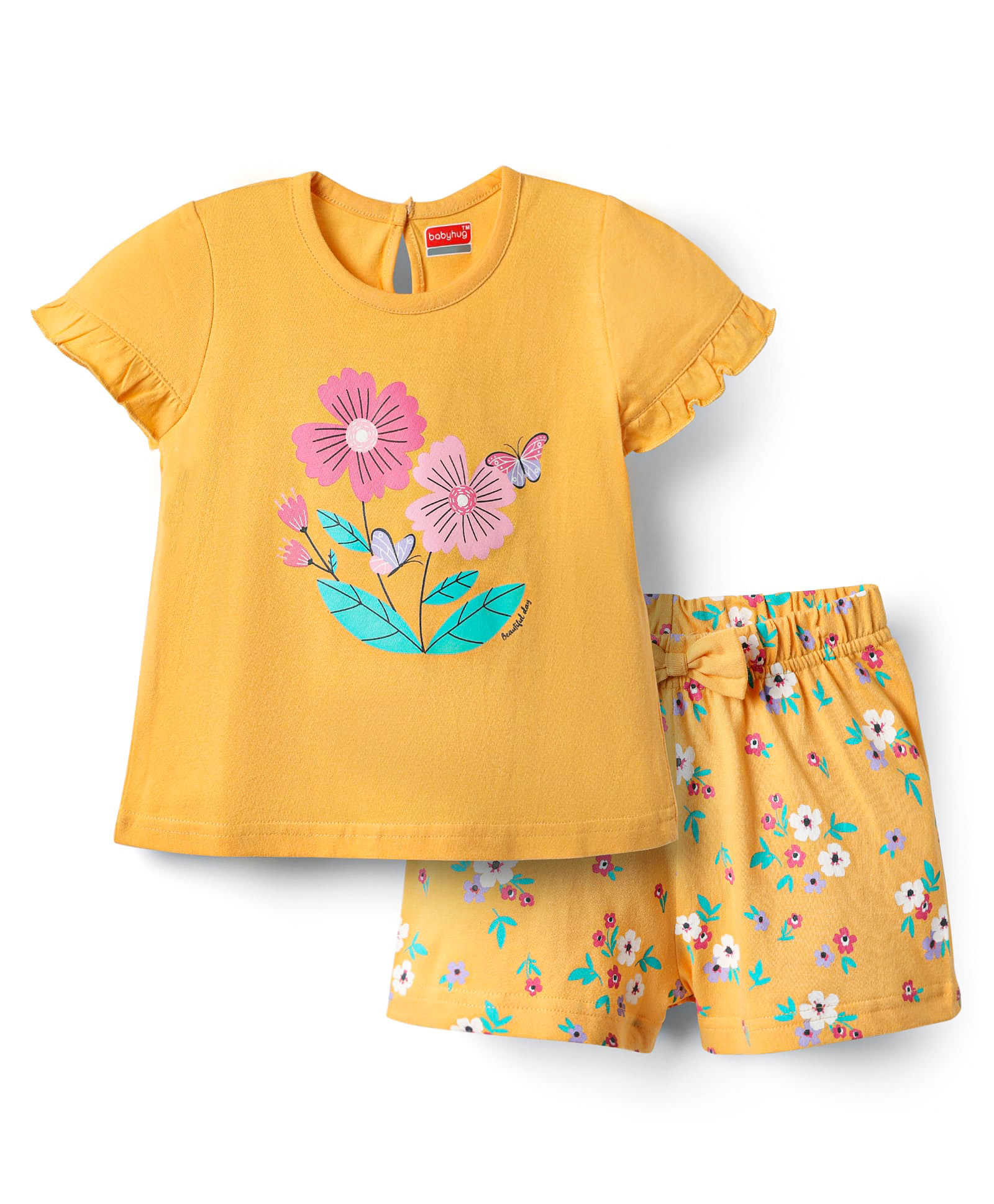 Babyhug Cotton Knit Half SleevesShorts Night Suit With Floral Print - Yellow