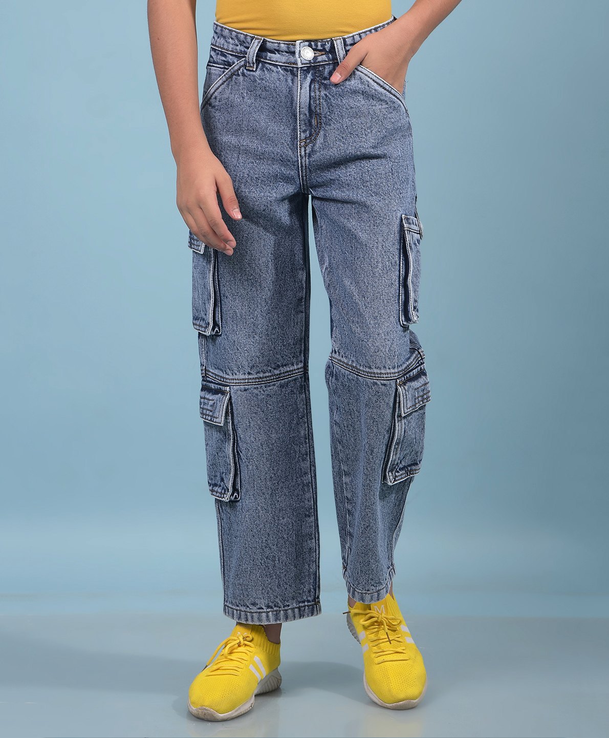 CRIMSOUNE CLUB 100% Cotton Mild Washed Cargo Jeans - Blue-picture-18
