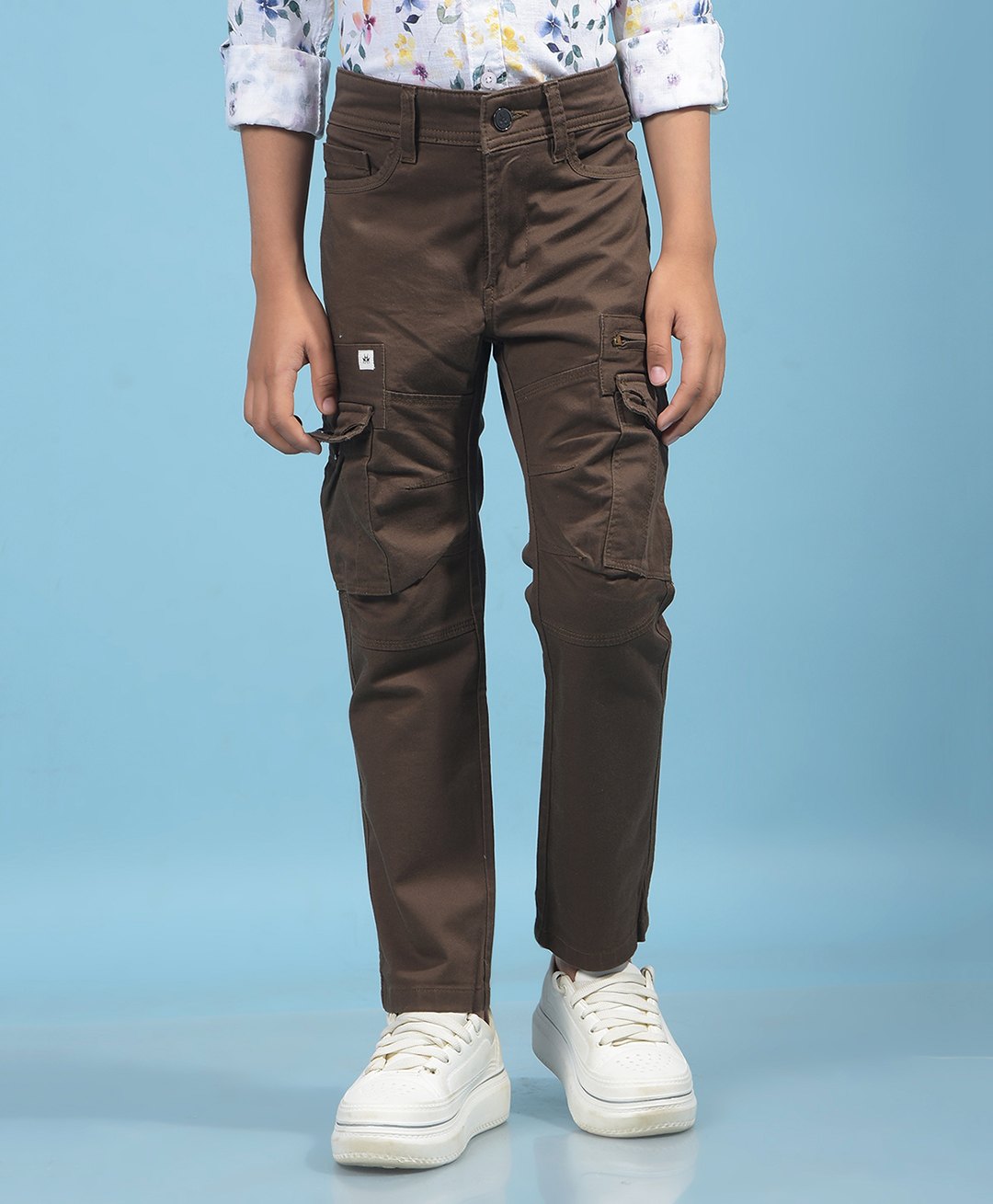 CRIMSOUNE CLUB Cotton Solid Pocket Detailed Cargo Trousers - Brown-picture-10