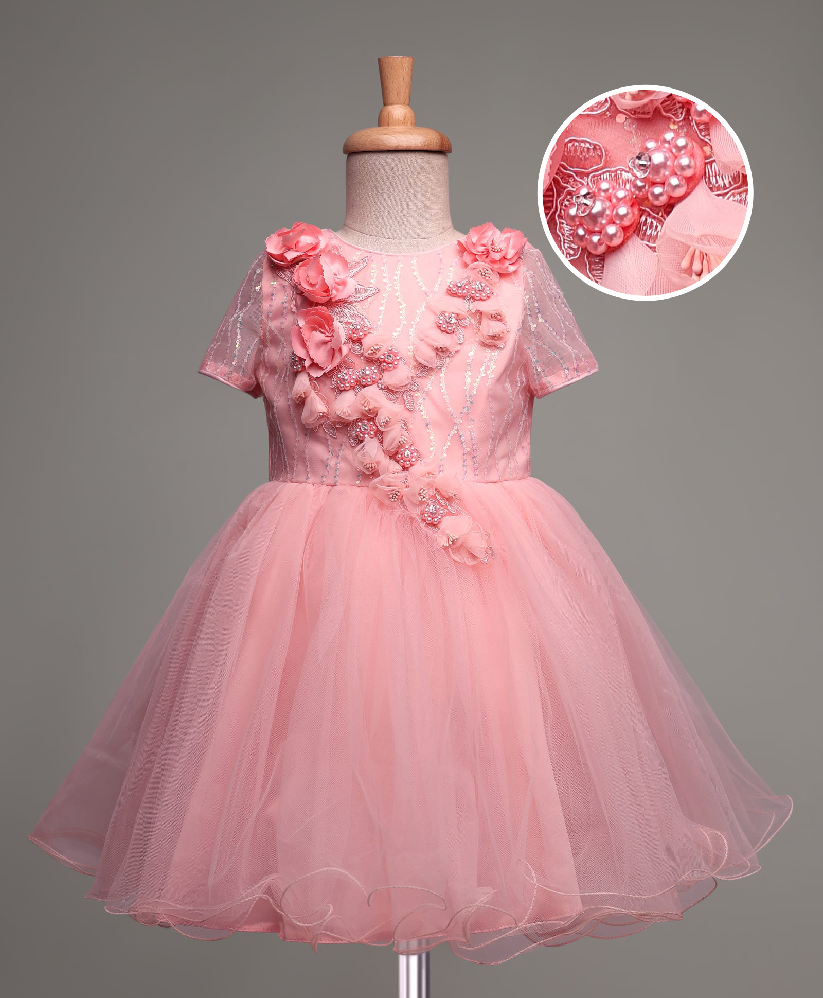 Mark & Mia Woven Half Sleeves Party Dress with Sequin Pearl & Floral Detailing - Peach-picture-11