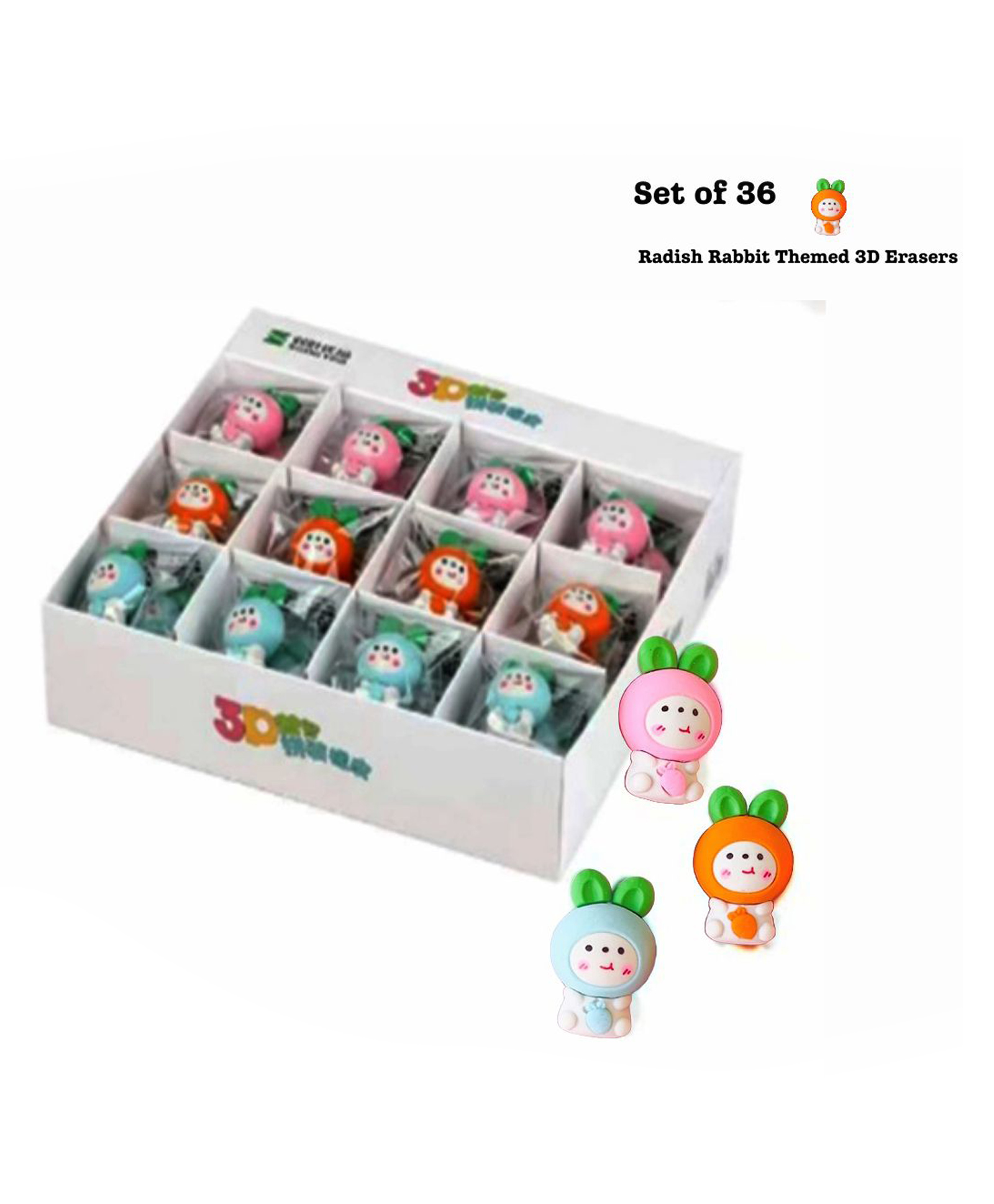 QIPS Radish Rabbit 3D Erasers for Kids - Set of 36 (Assorted colors)-image-26