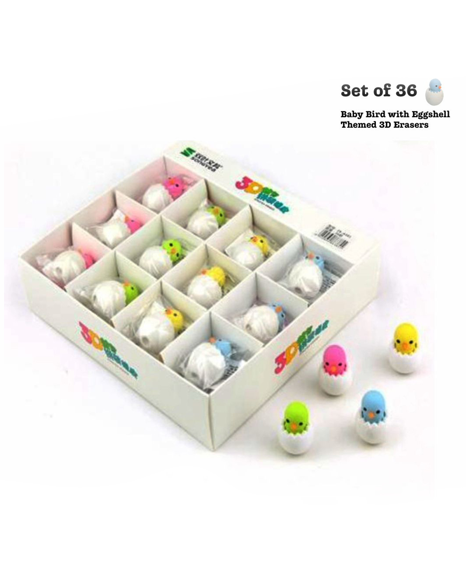 QIPS Baby Bird with Eggshell 3D Erasers for Kids - Set of 36 (Assorted colors)-image-30