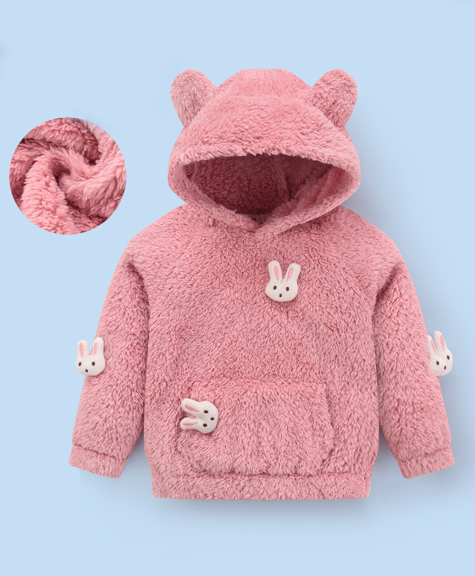 Mark & Mia Full Sleeves Hooded Fur Sweatshirt with Bunny Appliques & Kangaroo Pockets - Pink-image-19