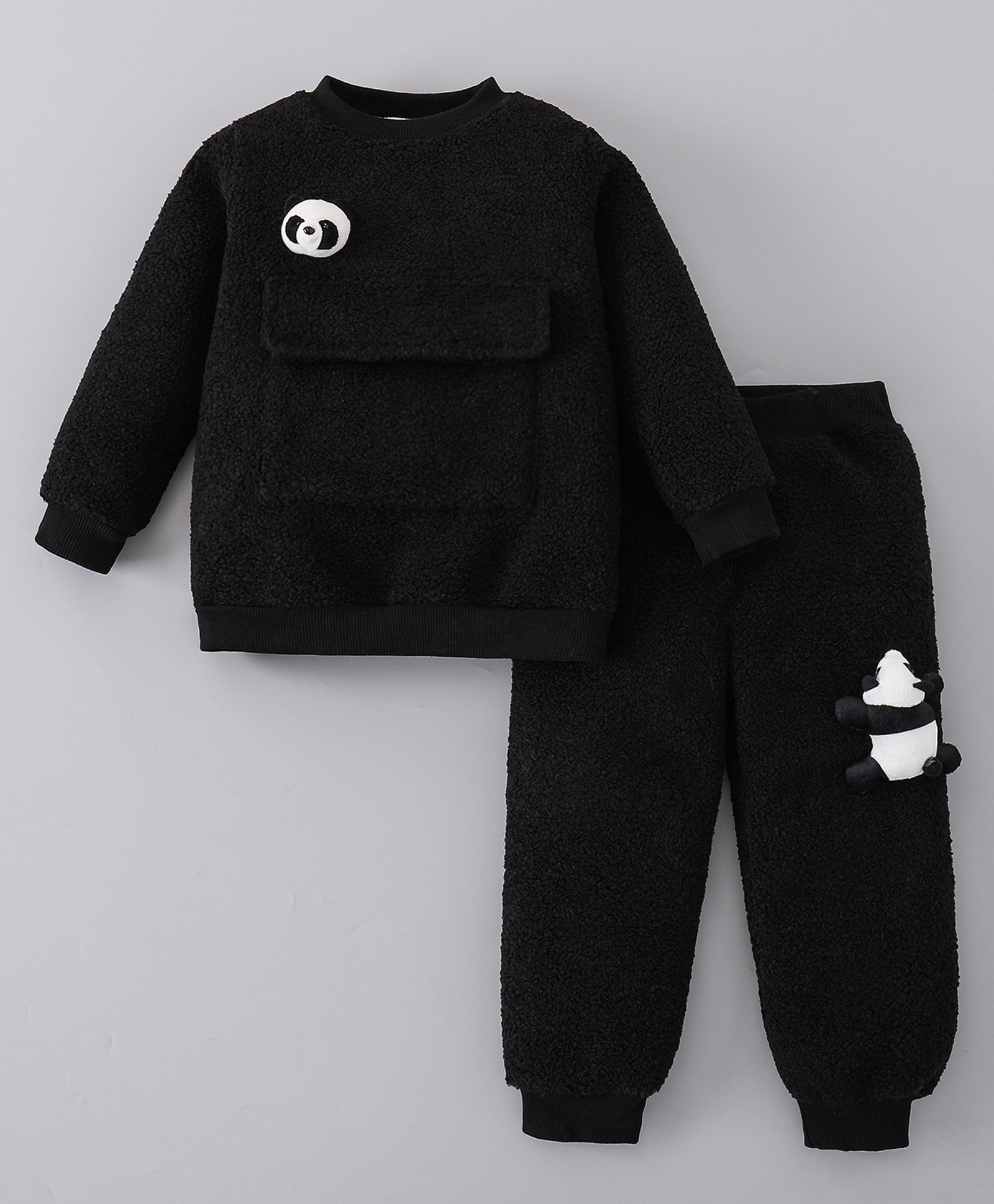 Mark & Mia Full Sleeves Winter Wear Fur Sweatshirt & Lounge Pant Set with Panda Applique - Black-image-17