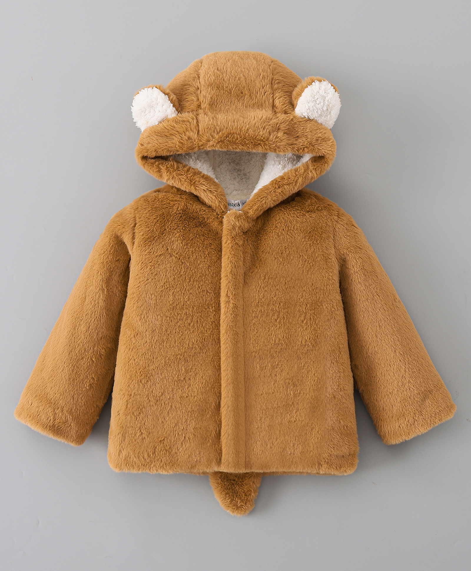 Mark & Mia Full Sleeves Solid Fur Hooded Winter Jacket With Ear Applique - Brown-picture-11