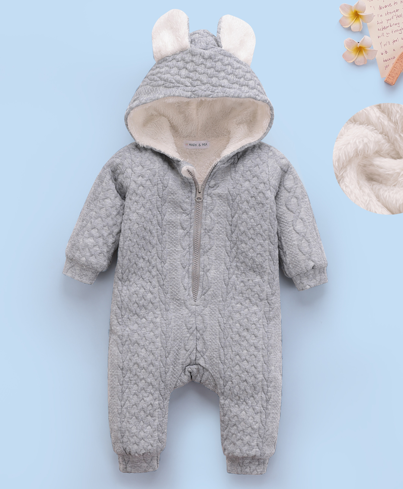 Mark & Mia Full Sleeves Winter Wear Hooded Romper With Cable Knit Design - Grey-picture-37
