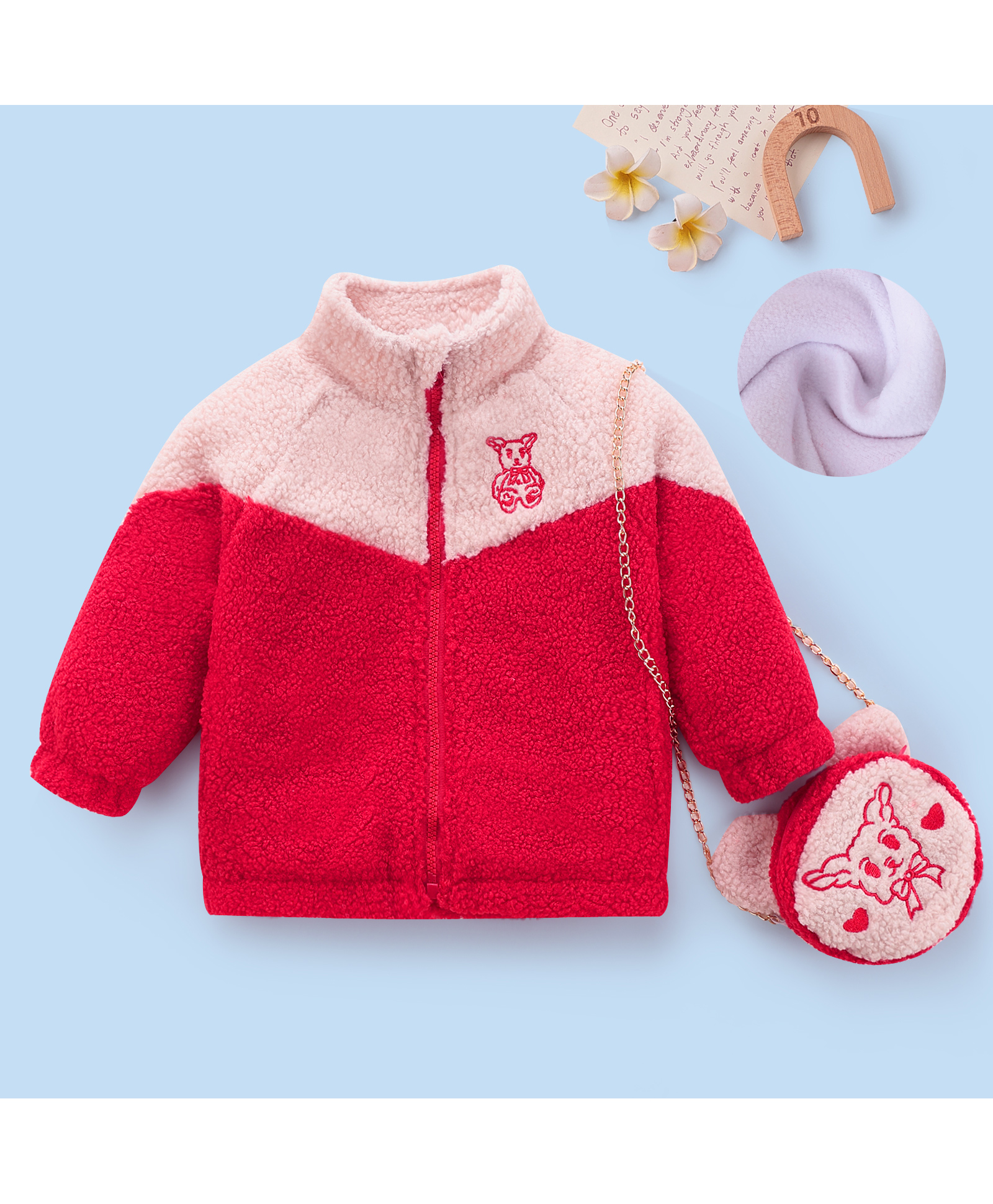 Mark & Mia Full Raglan Sleeves Fur Winter Jacket with Sling Bag & Bear Embroidery - Red-image-26