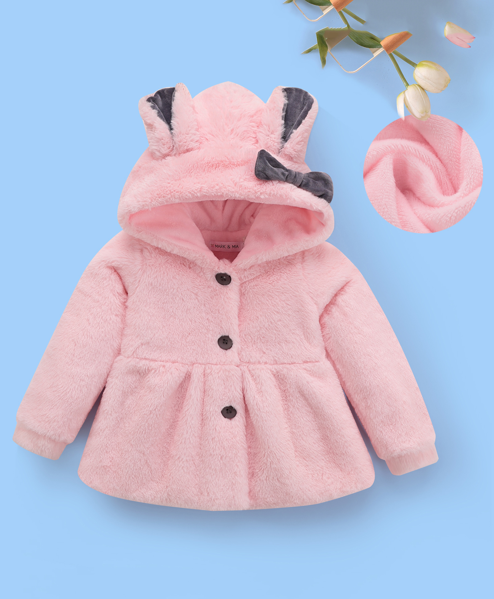 Mark & Mia Full Sleeves Solid Fur Hooded Winter Jacket With Bow & Ear Applique - Pink-picture-28